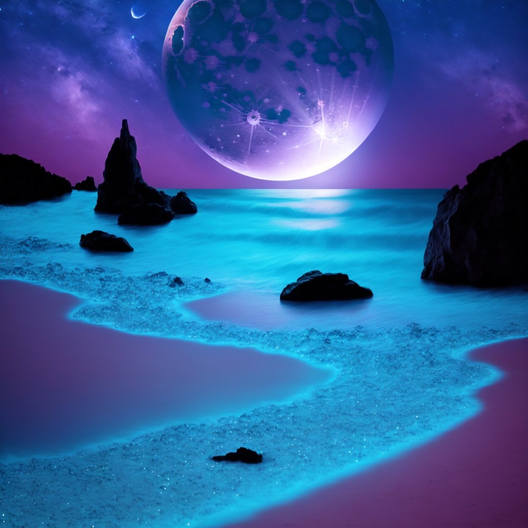 Best quality, 8k, cg,noctilucent,beach,galaxy,moon,Glowing Waves,Reef