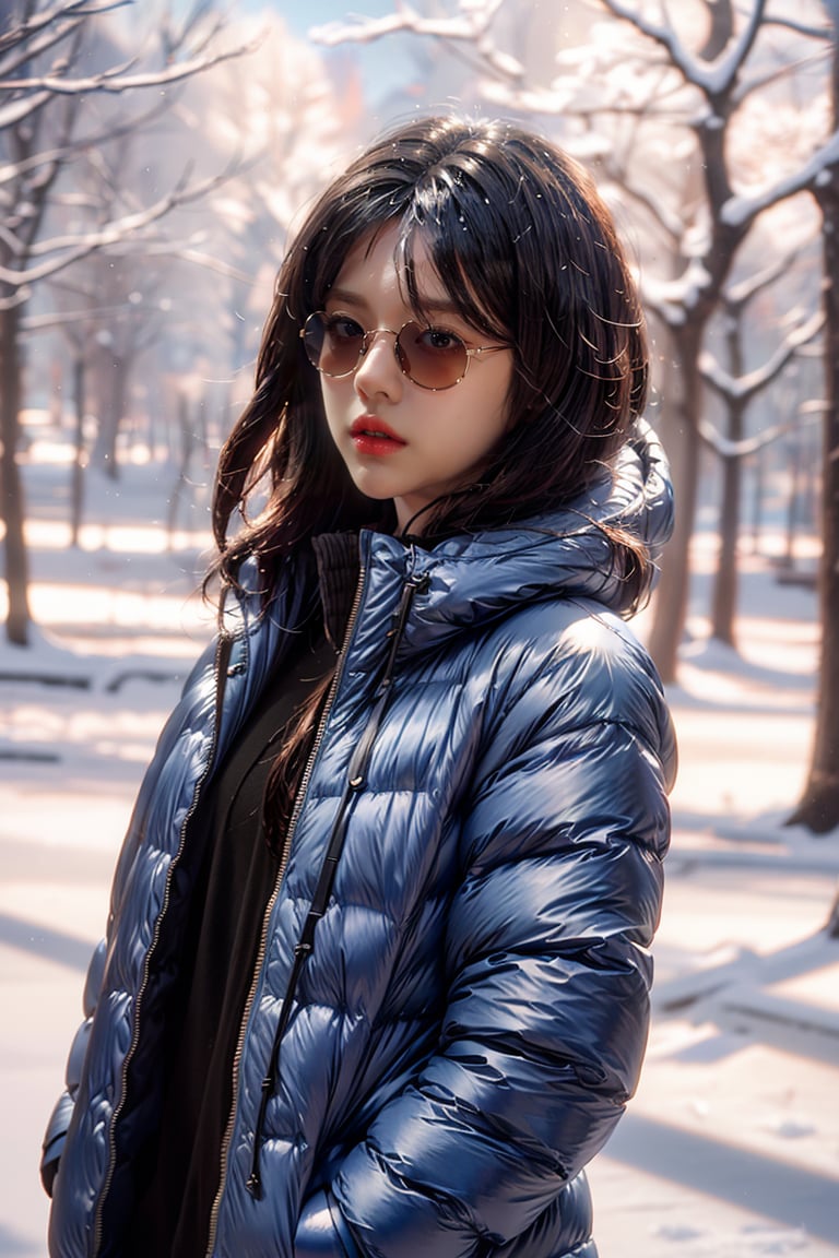 (masterpiece, best quality, ultra-detailed, 8K),beautiful girl standing in snow park,bobcut,(close-up on face),sunglasses,(blue winter jacket),(colorful),cinematic lighting,seolhyun,koh-yunjung