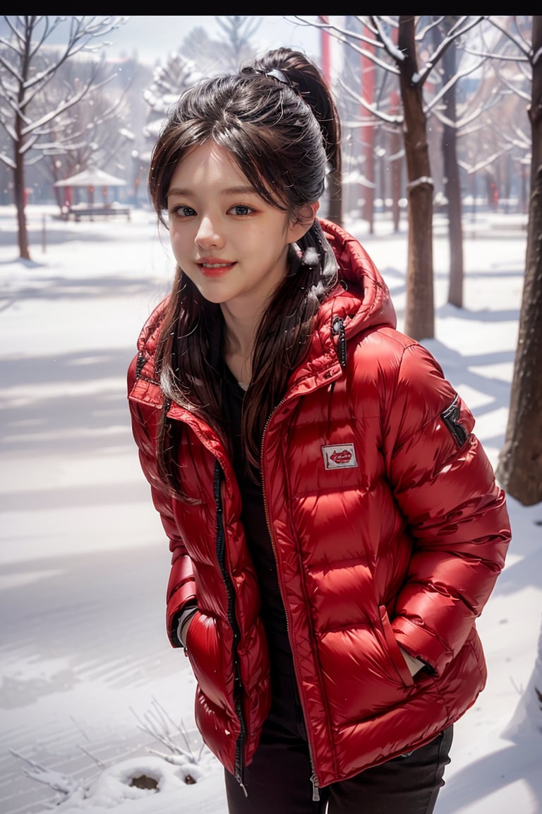 (masterpiece, best quality, ultra-detailed, 8K),beautiful girl standing in snow park,(big smile),ponytail,(close-up on face),(red winter down jacket),(colorful:1.2),cinematic lighting,kimtaeri,koh-yunjung