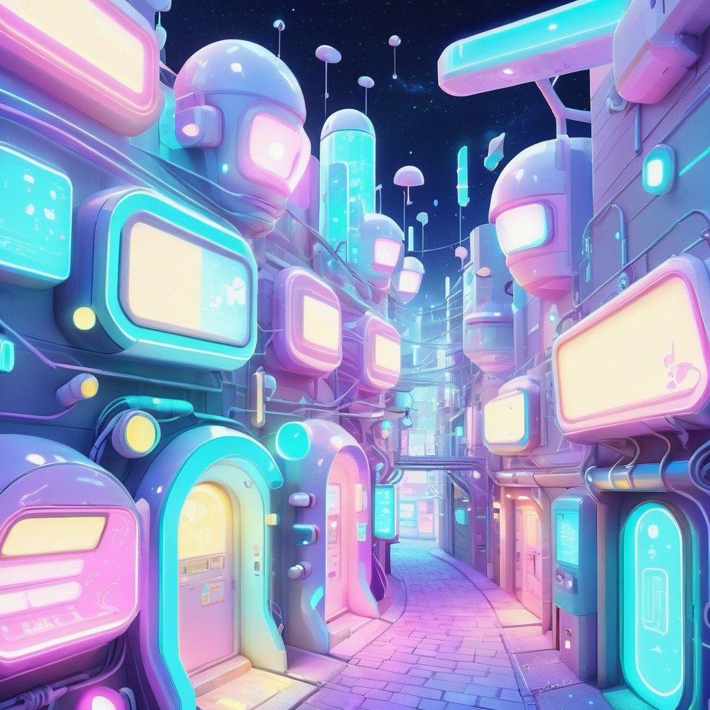 kawaiitech aesthetics,  scifi kawaiitech city winding alley,  at night,  glowing parts,  from a scifi futuristic kawaiitech world,  cute pastel colors and symbols,  glowing parts,  ((best quality)),  ((masterpiece)),  ((realistic,  digital art)),  (hyper detailed),  raytracing,  volumetric lighting,  Backlit,  Rim Lighting,  HDR,  styled form, <lora:EMS-72390-EMS:1.000000>