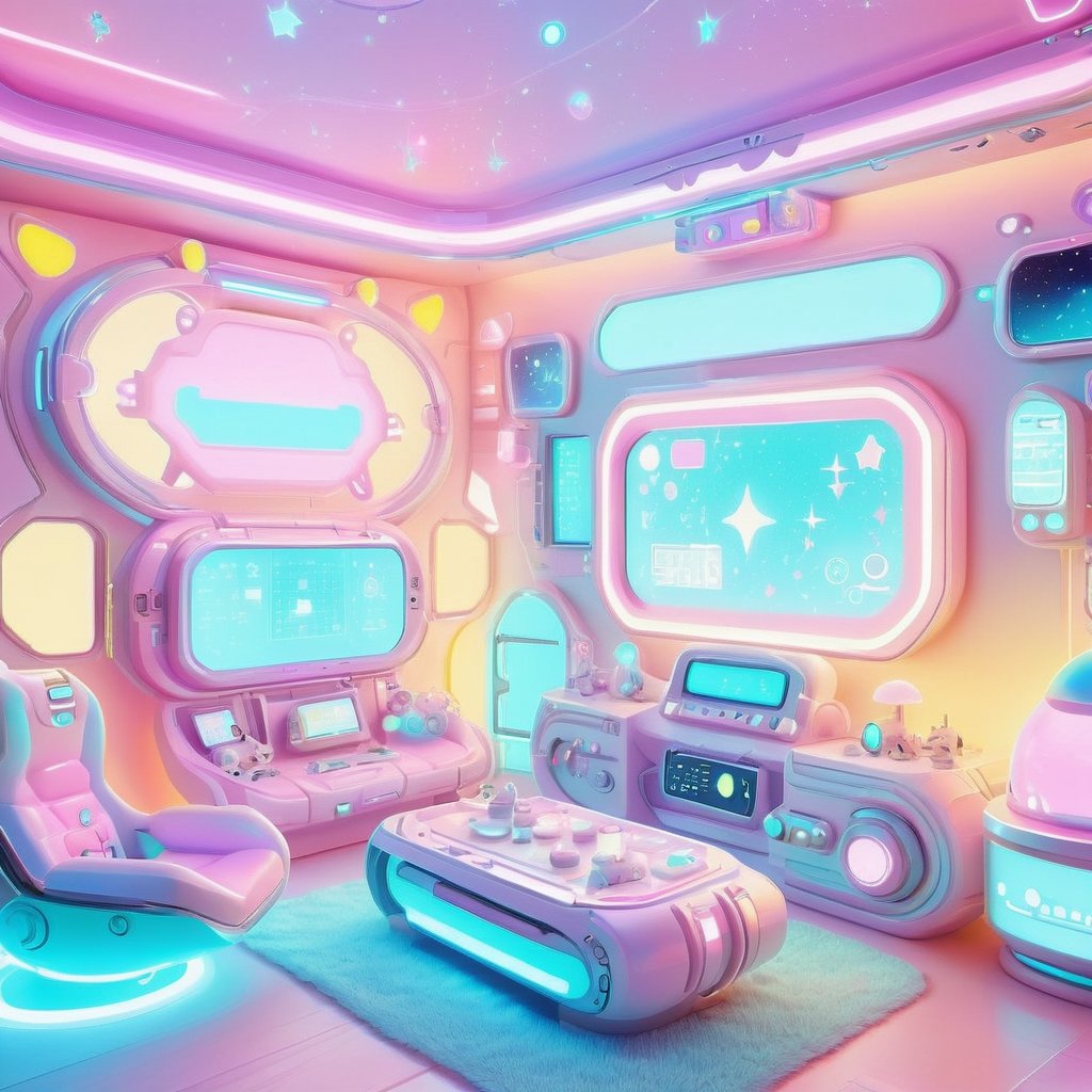 kawaiitech aesthetics,  scifi kawaiitech livingroom,  glowing parts,  from a scifi futuristic kawaiitech world,  cute pastel colors and symbols,  glowing parts,  ((best quality)),  ((masterpiece)),  ((realistic,  digital art)),  (hyper detailed),  raytracing,  volumetric lighting,  Backlit,  Rim Lighting,  HDR,  styled form, <lora:EMS-72390-EMS:1.000000>