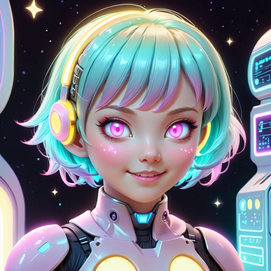 kawaiitech aesthetics,  scifi kawaiitech scholar female with a pixie cut,  glowing eyes,  light smile,  closed mouth,  from a scifi futuristic kawaiitech world,  cute pastel colors and symbols,  glowing parts,  ((best quality)),  ((masterpiece)),  ((realistic,  digital art)),  (hyper detailed),  raytracing,  volumetric lighting,  Backlit,  Rim Lighting,  HDR,  styled form,  soft natural skin, <lora:EMS-72390-EMS:1.000000>