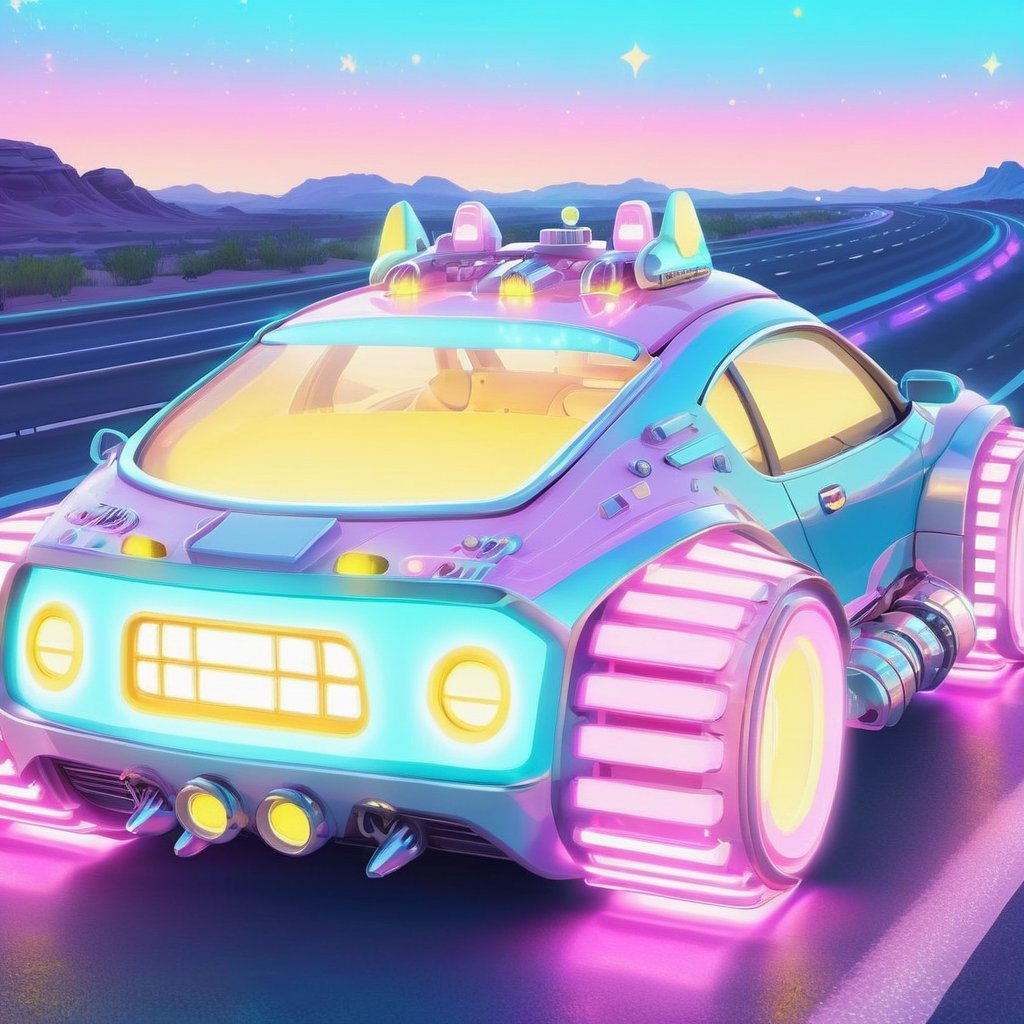 kawaiitech aesthetics,  scifi kawaiitech car on the highway,  glowing parts,  from a scifi futuristic kawaiitech world,  cute pastel colors and symbols,  glowing parts,  ((best quality)),  ((masterpiece)),  ((realistic,  digital art)),  (hyper detailed),  raytracing,  volumetric lighting,  Backlit,  Rim Lighting,  HDR,  styled form, <lora:EMS-72390-EMS:1.000000>