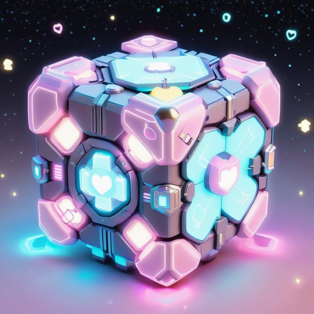 kawaiitech aesthetics,  scifi kawaiitech weighted companion cube,  at night,  glowing parts,  from a scifi futuristic kawaiitech world,  cute pastel colors and symbols,  glowing parts,  ((best quality)),  ((masterpiece)),  ((realistic,  digital art)),  (hyper detailed),  raytracing,  volumetric lighting,  Backlit,  Rim Lighting,  HDR,  styled form, <lora:EMS-72390-EMS:1.000000>
