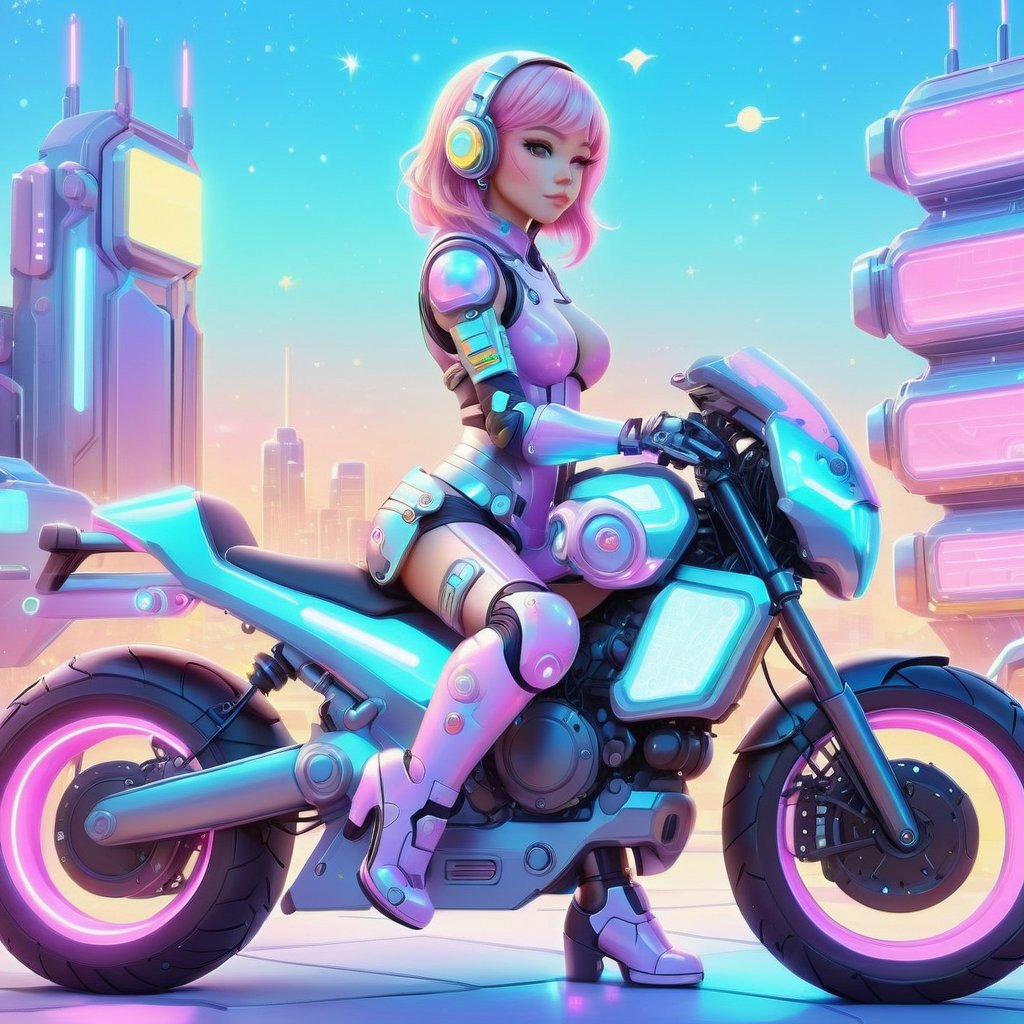 kawaiitech aesthetics,  scifi kawaiitech woman leaning on motobike,  cityscape at a distance,  glowing parts,  from a scifi futuristic kawaiitech world,  cute pastel colors and symbols,  glowing parts,  ((best quality)),  ((masterpiece)),  ((realistic,  digital art)),  (hyper detailed),  raytracing,  volumetric lighting,  Backlit,  Rim Lighting,  HDR,  styled form, <lora:EMS-72390-EMS:1.000000>