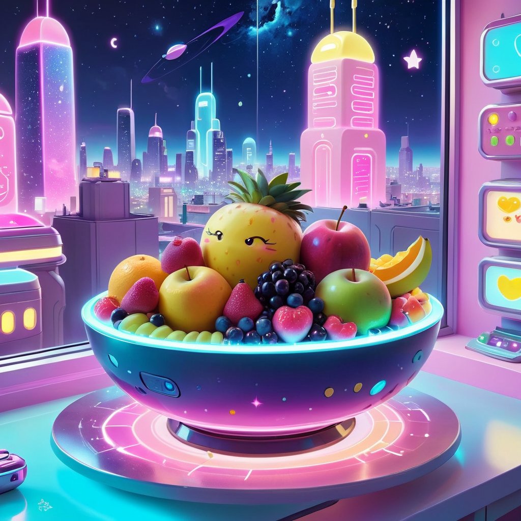 kawaiitech aesthetics,  scifi kawaiitech  bowl of fruit on a table,  city view from the window,  at night,  glowing parts,  from a scifi futuristic kawaiitech world,  cute pastel colors and symbols,  glowing parts,  ((best quality)),  ((masterpiece)),  ((realistic,  digital art)),  (hyper detailed),  raytracing,  volumetric lighting,  Backlit,  Rim Lighting,  HDR,  styled form, <lora:EMS-72390-EMS:0.900000>