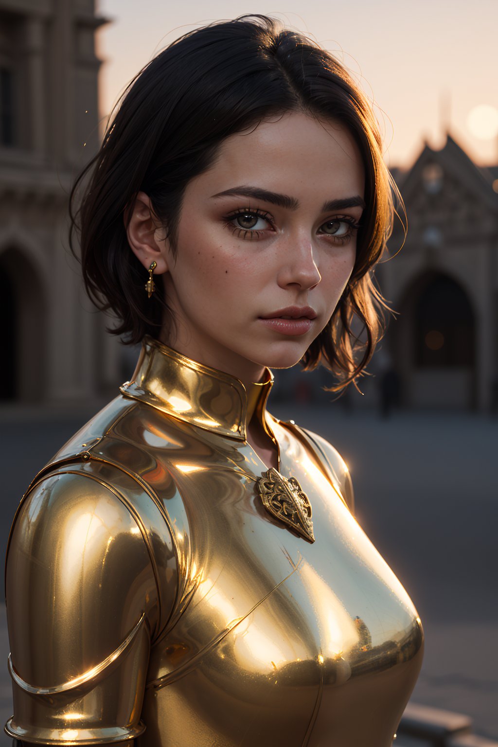 Portrait of a girl, the most beautiful in the world, (medieval gold shining armor), gold metal reflections, upper body, outdoors, intense sunlight, far away castle, professional photograph of a stunning woman detailed, perfect bobbed sexy intense black hair, sharp focus, dramatic, award winning, cinematic lighting, volumetrics dtx, (film grain, blurry background, blurry foreground, bokeh, depth of field, sunset,interaction, Perfect gold chainmail), (masterpiece), (extremely intricate:1.3), (realistic),