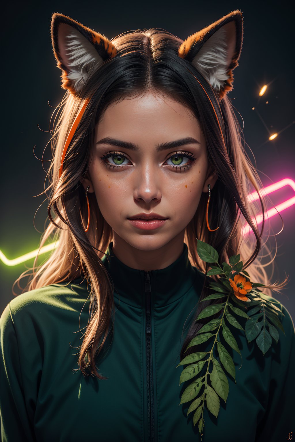 (masterpiece:1.1), (highest quality:1.1), (HDR:1.0), extreme quality, cg, (negative space), detailed face+eyes, 1girl, fox ears, animal ear fluff, (plants:1.18), (fractal art), (bright colors), splashes of color background, colors mashing, paint splatter, complimentary colors, neon, (thunder tiger), compassionate, electric, limited palette, synthwave, fine art, tan skin, upper body, (green and orange:1.2), time stop, sy3, SMM