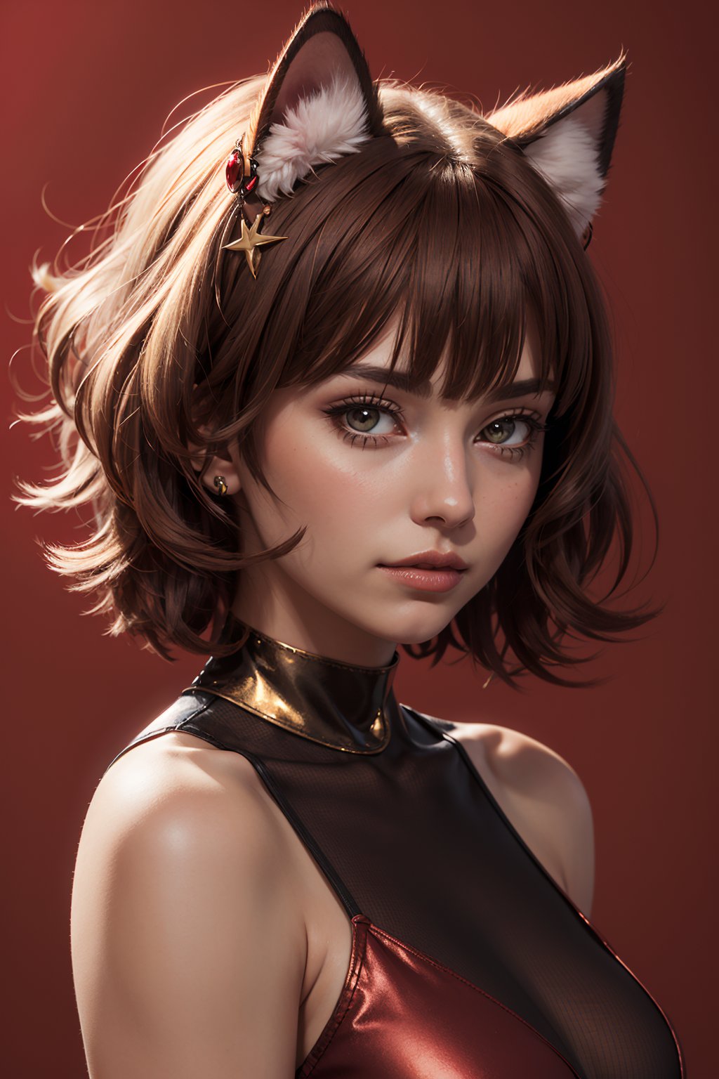 1girl, cat ears, fluff, simple background, (red theme), (gold:0.9), (masterpiece, highest quality:1.18), cg, 8k, extreme quality, stylebuff