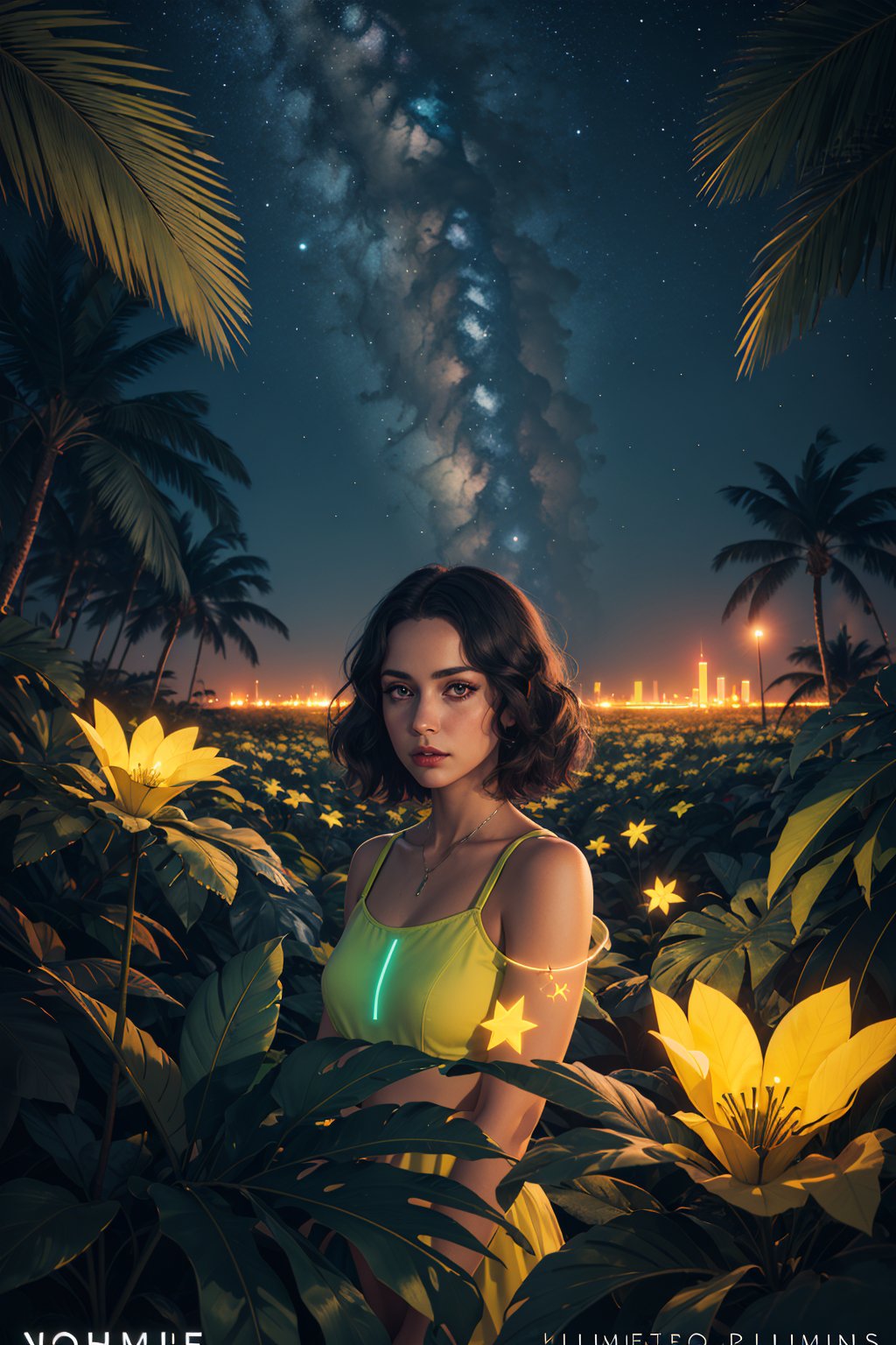 1girl, solo, masterpiece, highest quality, 8K, looking afar, poster, synthwave art style, (palm leaves), white flowers, (geometric:1.2), (neon yellow glow:1.2), night, dark theme, starry sky, (bioluminescence), fortitude, wholesome, 13