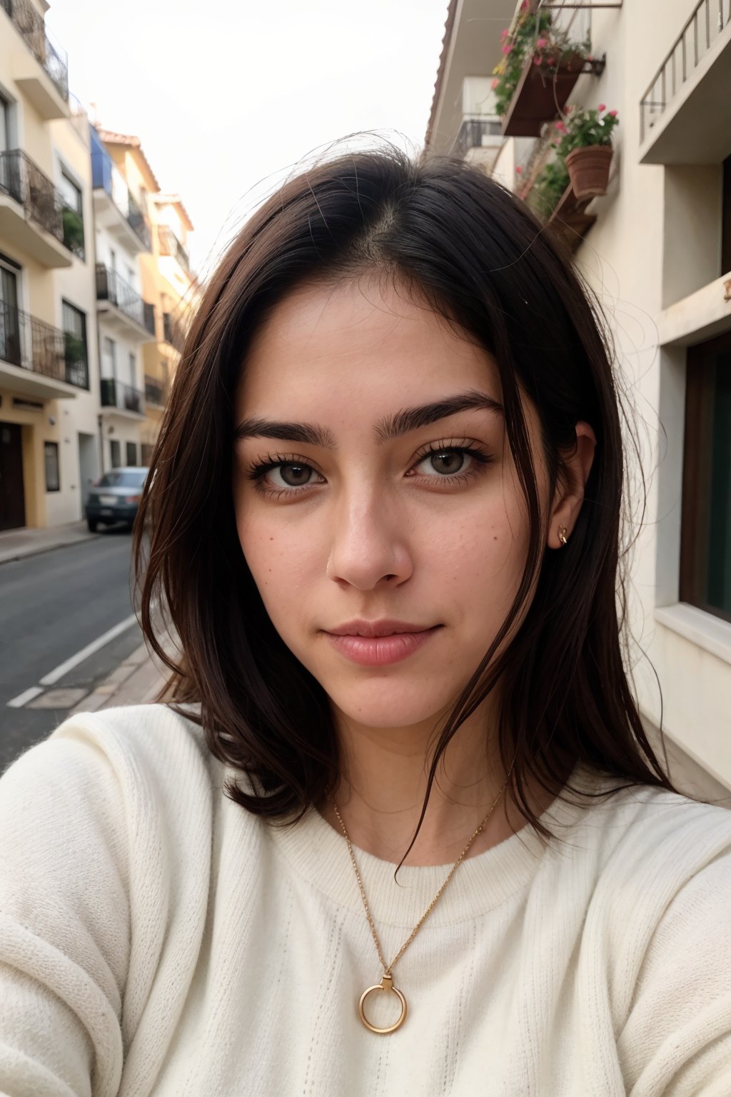photorealistic, sharp focus, raw photo, amateur photo, beautiful 29 y.o latina-spanish girl, take a selfie, no panties, oversized sweater, detailed skin pores & face texture, pores, (goosebumbs:0.7), dynamic pose, looking at viewer, face focus, taken with mobile cam, film grain