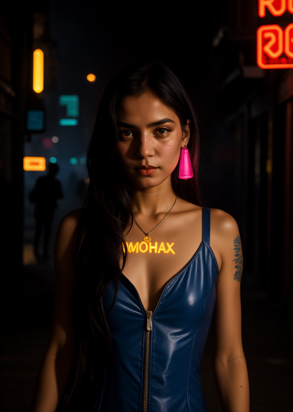 android afghan girl photography by Steve McCurry in cyberpunk style,cyberpunk urban scenery,150mm,dlrs,robotic parts,beautiful neon soft light,bioluminescent tattoos,vibrant details,explicit soft mist,beautiful masterwork by head of prompt engineering