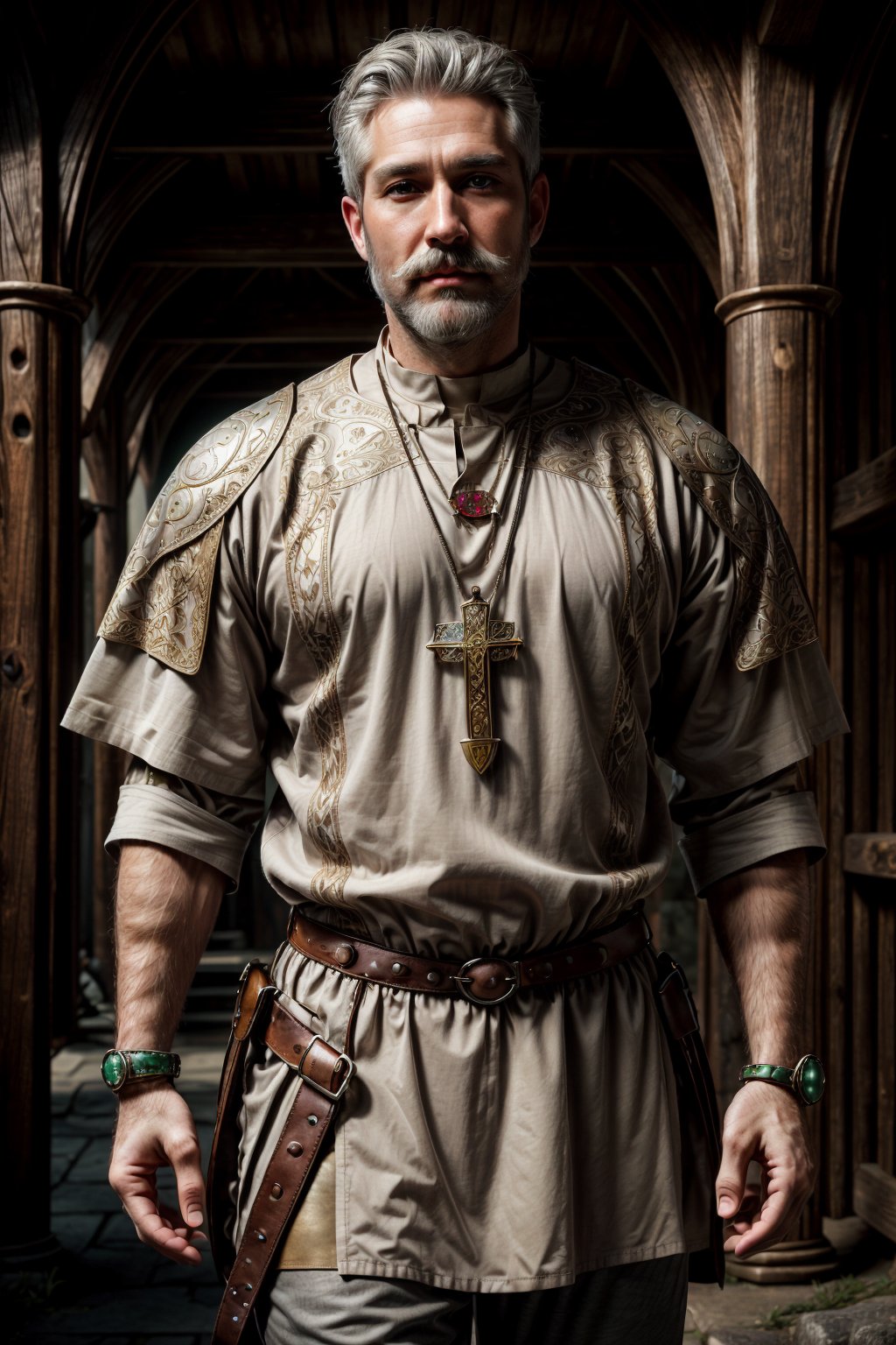simple background, A 35 year old male, white hair, white mustache with a short white beard. strong, ((grey medieval tunic)), brown loose medieval leather pants, adventure boots. Renaissance clothing, Stern look, green eyes, wearing an emerald amulet on a small chain around his neck, cowboy shot <lora:wowifierV3:0.6> <lora:more_details:0.7>, holy magic around him, vamptech, <lora:VampiricTech:0.7>