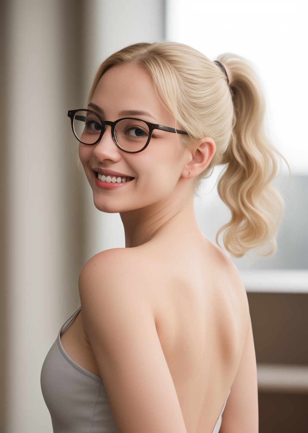 masterpiece, best quality, bespectacled,  1girl, curly hair, platinum blonde hair, wide ponytail,  arms behind back, eye focus, parted lips, light smile,