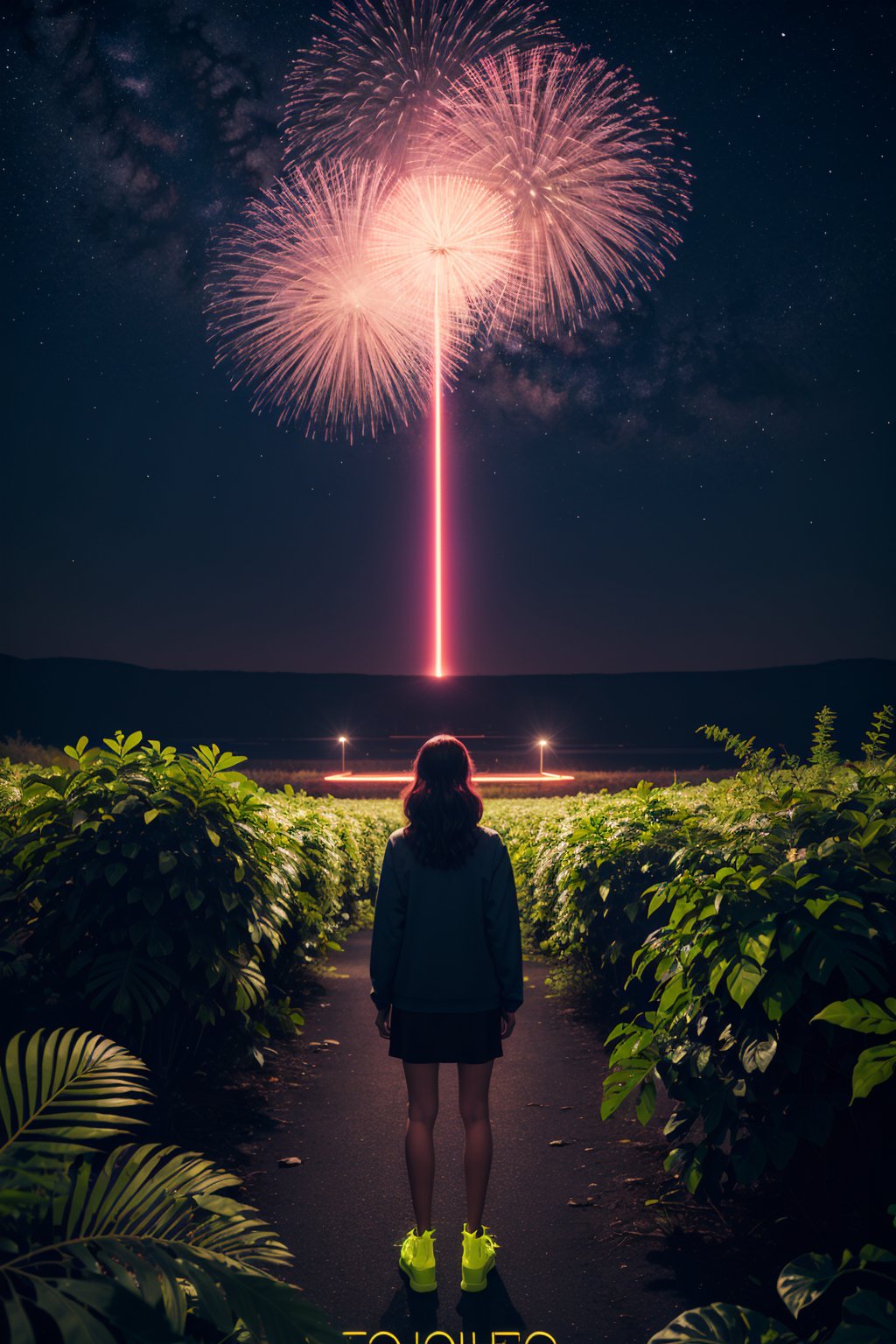 1girl, solo, masterpiece, highest quality, 8K, looking afar, poster, synthwave art style, (palm leaves), white flowers, (geometric:1.2), (neon yellow glow:1.2), night, dark theme, starry sky, (bioluminescence), fortitude, wholesome, 13