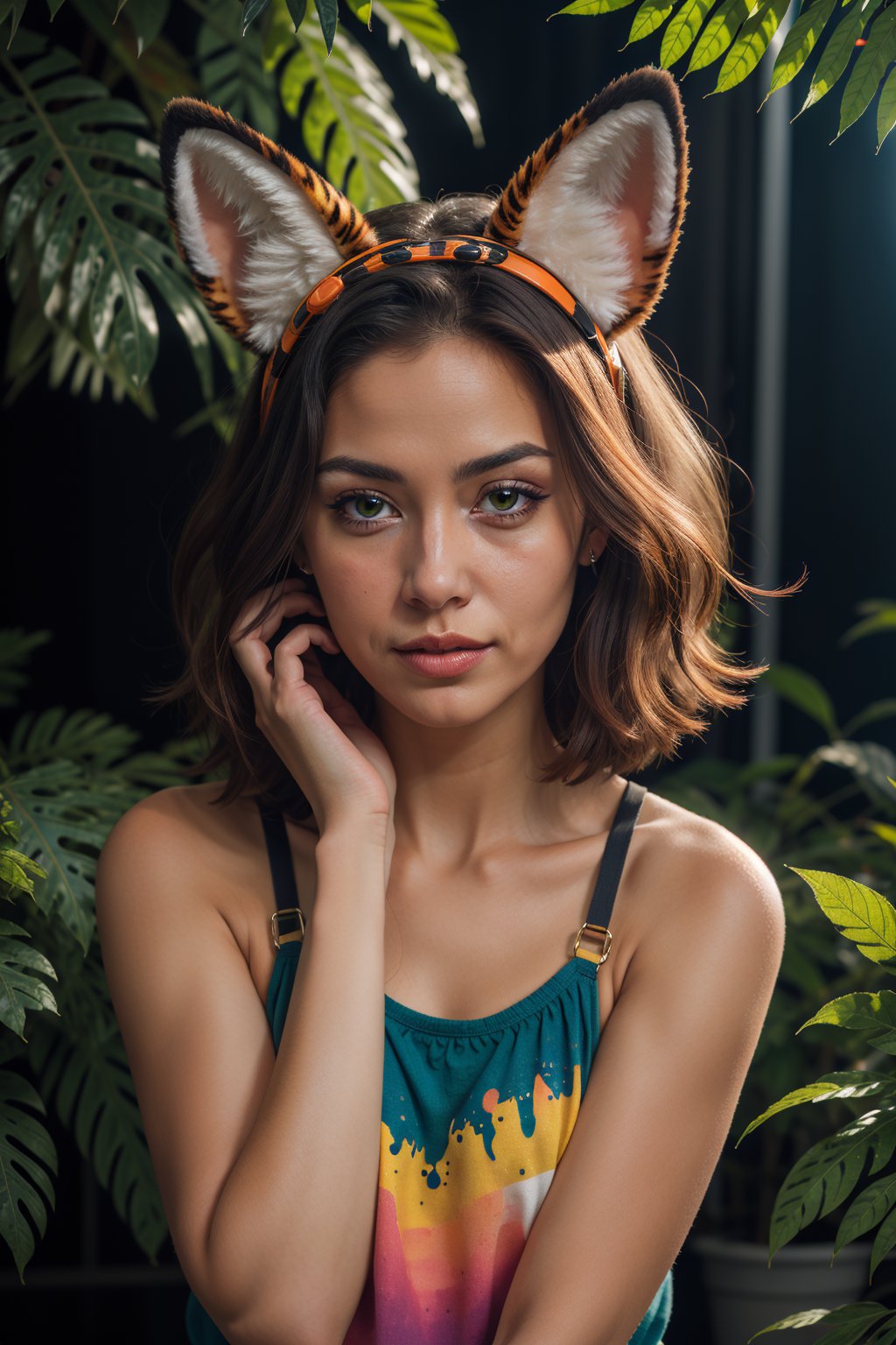 (masterpiece:1.1), (highest quality:1.1), (HDR:1.0), extreme quality, cg, (negative space), detailed face+eyes, 1girl, fox ears, animal ear fluff, (plants:1.18), (fractal art), (bright colors), splashes of color background, colors mashing, paint splatter, complimentary colors, neon, (thunder tiger), compassionate, electric, limited palette, synthwave, fine art, tan skin, upper body, (green and orange:1.2), time stop, sy3, SMM