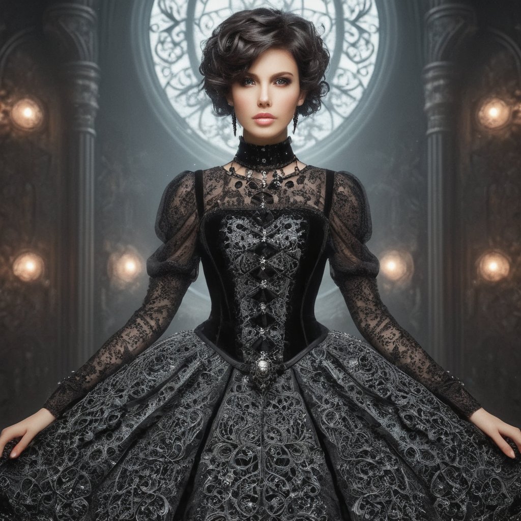 a gothic brunette girl, pixie hair, fractal intrincate dress