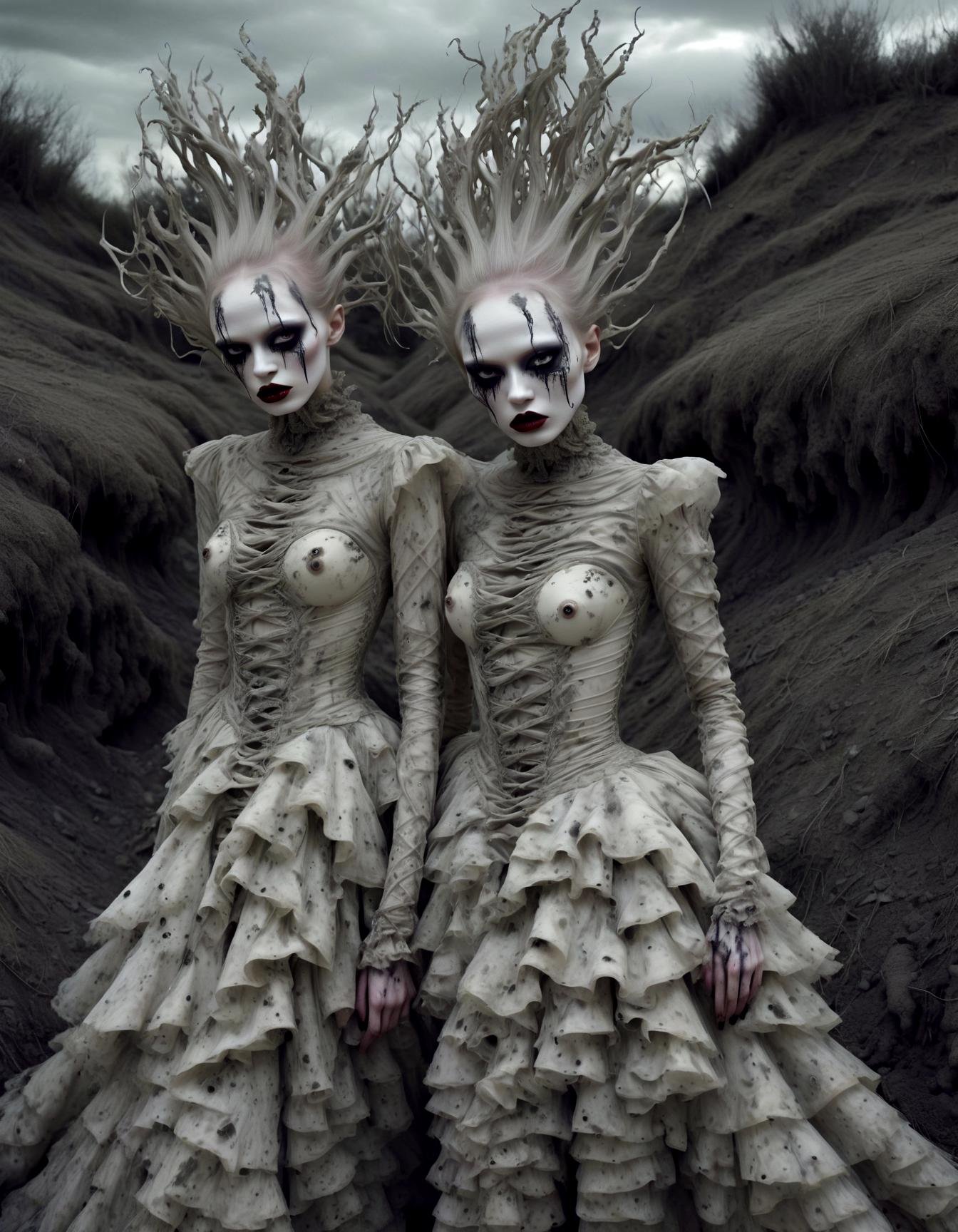 portrait Distorted bodies, twisted fashion, nightmare-inspired makeup, unsettling haute couture, fashion straight from the darkest dreams, Creepy Chic Magazine, surreal nightmare landscape.,detailed, (c1bo:1.05),