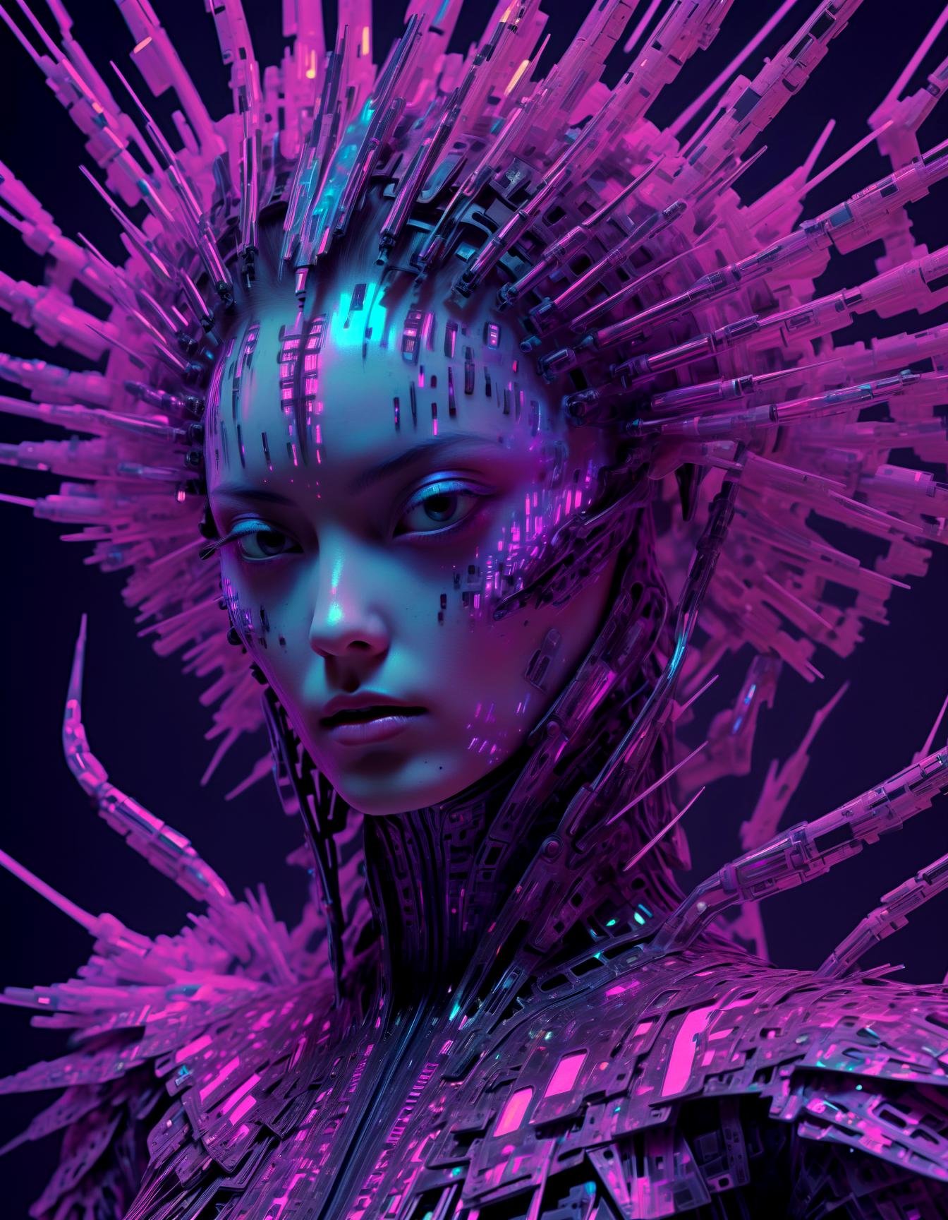 close up portrait Fluorescent geometric shadows, pulsating fractals, glitched reality, bio-luminescent haute couture, cybernetic terror chic, Vogue of Virtual Horrors, surreal cyberpunk cityscape engulfed in neon hues.,detailed, ,