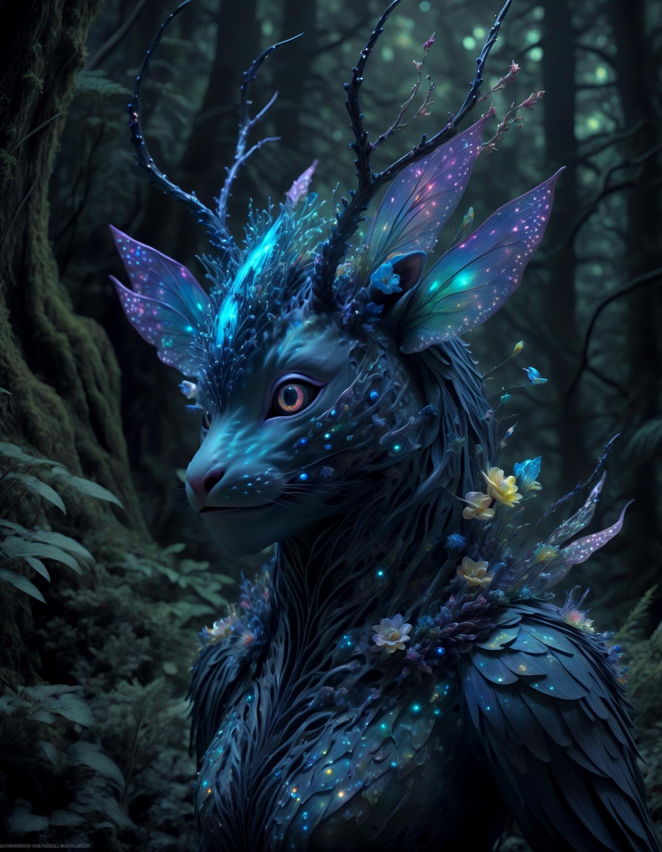 close up Bioluminescent wildlife, surreal animal hybrids, vibrant flora, ethereal auras, mythical creature-inspired fashion, National Geographic Fantasy Edition, enchanted forest setting.,photorealistic, hyperrealistic,,