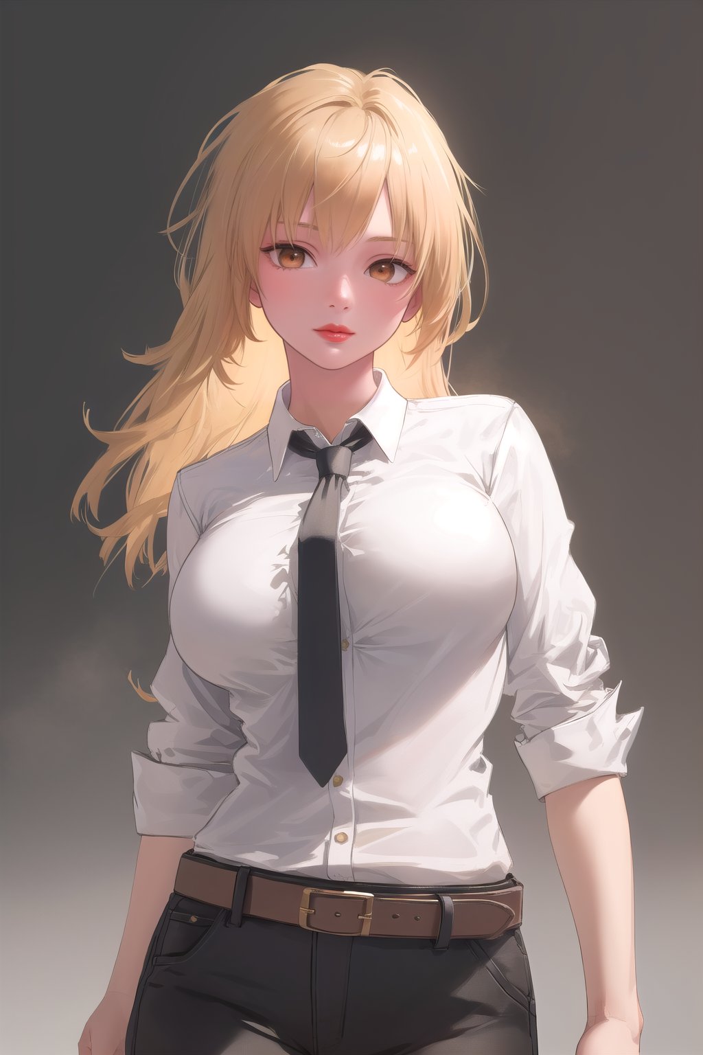 1girl,  denji,  brown eyes,  blonde hair,  big body, long hair,  large breasts,  collared shirt,  black necktie,  sleeves rolled up,  black pants,  belt,  sexy woman face, smooth hair,  shiny eyes,  sharpen,  beautiful detailed eyes,  highly detailed,  8K,  golden ratio,  featured on pixiv,  Unreal Engine,  face enhance,  golden ratio,  fine art,  soft,  volumetric fog,  background,  octane render,  ray tracing,  ambient oclusion,  cgi,  soft lighting,  detailed face,  detailed body,  detailed hair,  masterpiece,  best quality,  absurdres,  red lips,  ((cowboy shot)),  ((clarity)),  ((goddess, )) ((cute)),  ((slim)), ((perfect anatomy)),  ((seductive)),  ((flawless)),  ((beautiful)),  clean,  ((perfect)),  ultra realistic,  photorealistic lighting,  professional work,  cute eyes,  cuties lips, <lora:EMS-73404-EMS:1.000000>