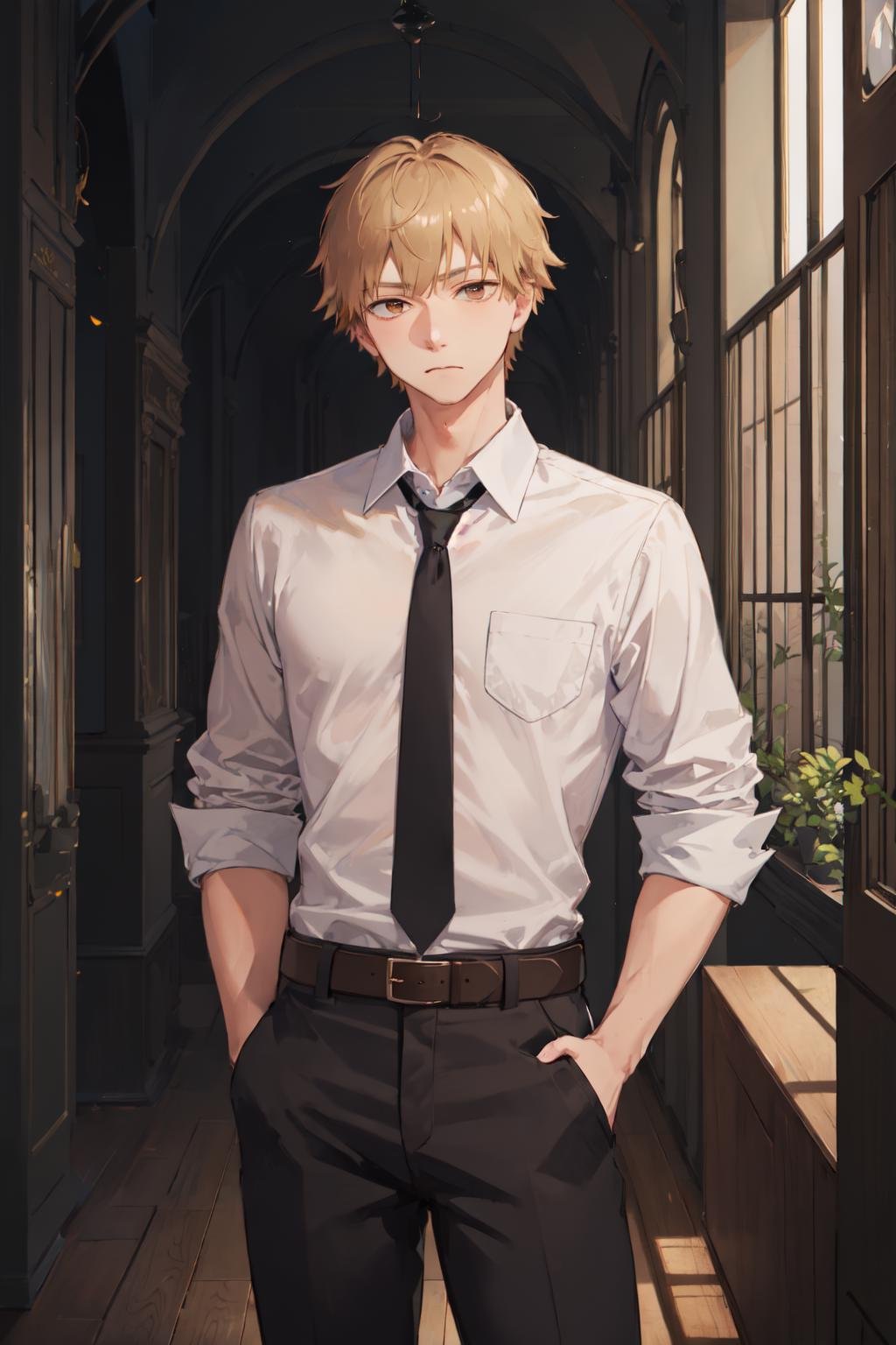 (masterpiece, best quality:1.2), <lora:csm_denji-10:1>, cowboy shot, solo, male focus, 1boy, denji, expressionless, closed mouth, looking at viewer, hands in pockets, blonde hair, brown eyes, collared shirt, black necktie, sleeves rolled up, black pants, belt