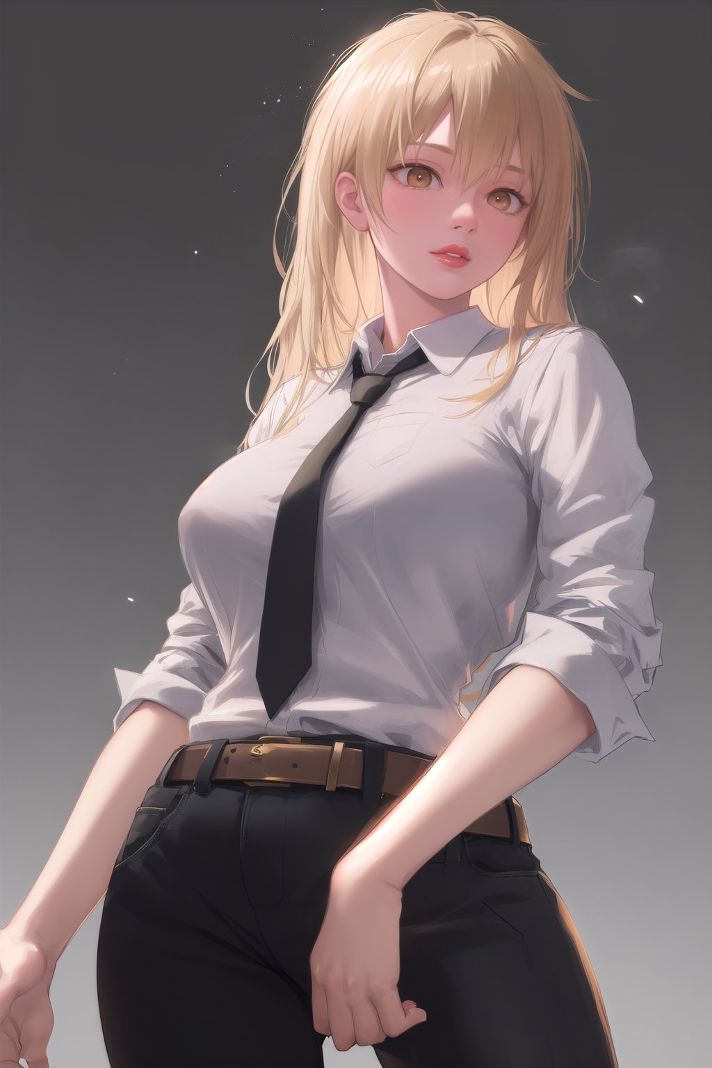1girl,  denji,  brown eyes,  blonde hair,  big body, long hair,  large breasts,  collared shirt,  black necktie,  sleeves rolled up,  black pants,  belt,  sexy woman face, smooth hair,  shiny eyes,  sharpen,  beautiful detailed eyes,  highly detailed,  8K,  golden ratio,  featured on pixiv,  Unreal Engine,  face enhance,  golden ratio,  fine art,  soft,  volumetric fog,  background,  octane render,  ray tracing,  ambient oclusion,  cgi,  soft lighting,  detailed face,  detailed body,  detailed hair,  masterpiece,  best quality,  absurdres,  red lips,  ((cowboy shot)),  ((clarity)),  ((goddess, )) ((cute)),  ((slim)), ((perfect anatomy)),  ((seductive)),  ((flawless)),  ((beautiful)),  clean,  ((perfect)),  ultra realistic,  photorealistic lighting,  professional work,  cute eyes,  cuties lips, <lora:EMS-73404-EMS:1.000000>