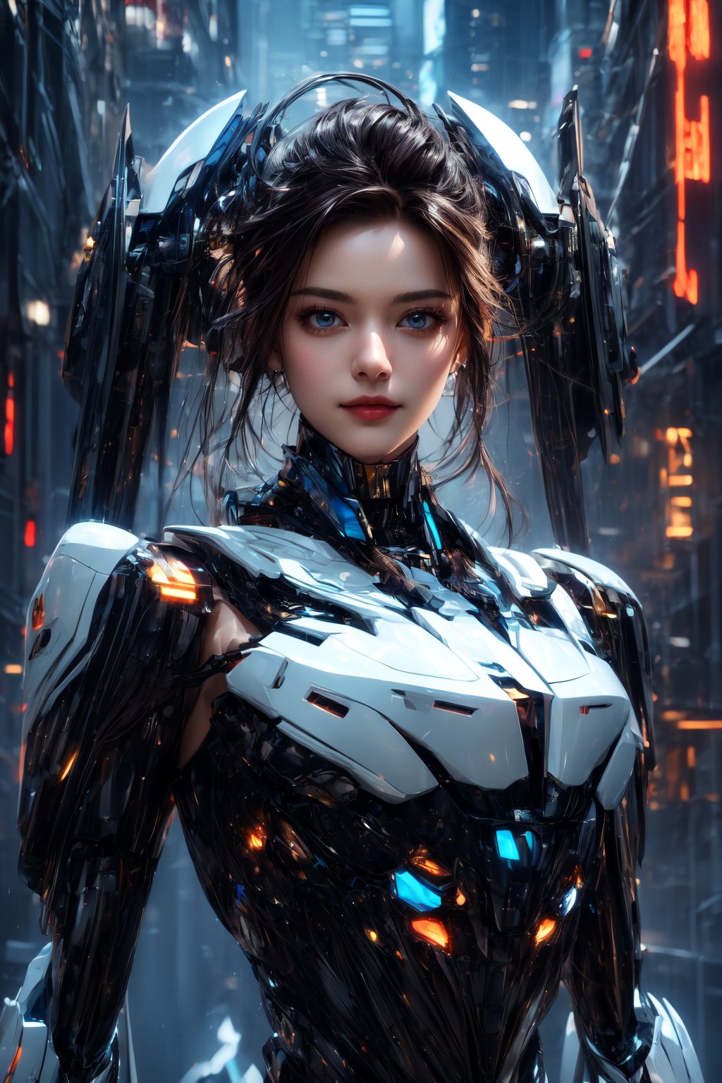 Masterpiece, High quality, 64K, Unity 64K Wallpaper, HDR, Best Quality, RAW, Super Fine Photography, Super High Resolution, Super Detailed, 
Beautiful and Aesthetic, Stunningly beautiful, Perfect proportions, 
1girl, Solo, White skin, Detailed skin, Realistic skin details, 
Futuristic Mecha, Arms Mecha, Dynamic pose, Battle stance, Swaying hair, by FuturEvoLab, 
Dark City Night, Cyberpunk city, Cyberpunk architecture, Future architecture, Fine architecture, Accurate architectural structure, Detailed complex busy background, Gorgeous, 
Sharp focus, Perfect facial features, Pure and pretty, Perfect eyes, Lively eyes, Elegant face, Exquisite face, Delicate face, Matrix,
