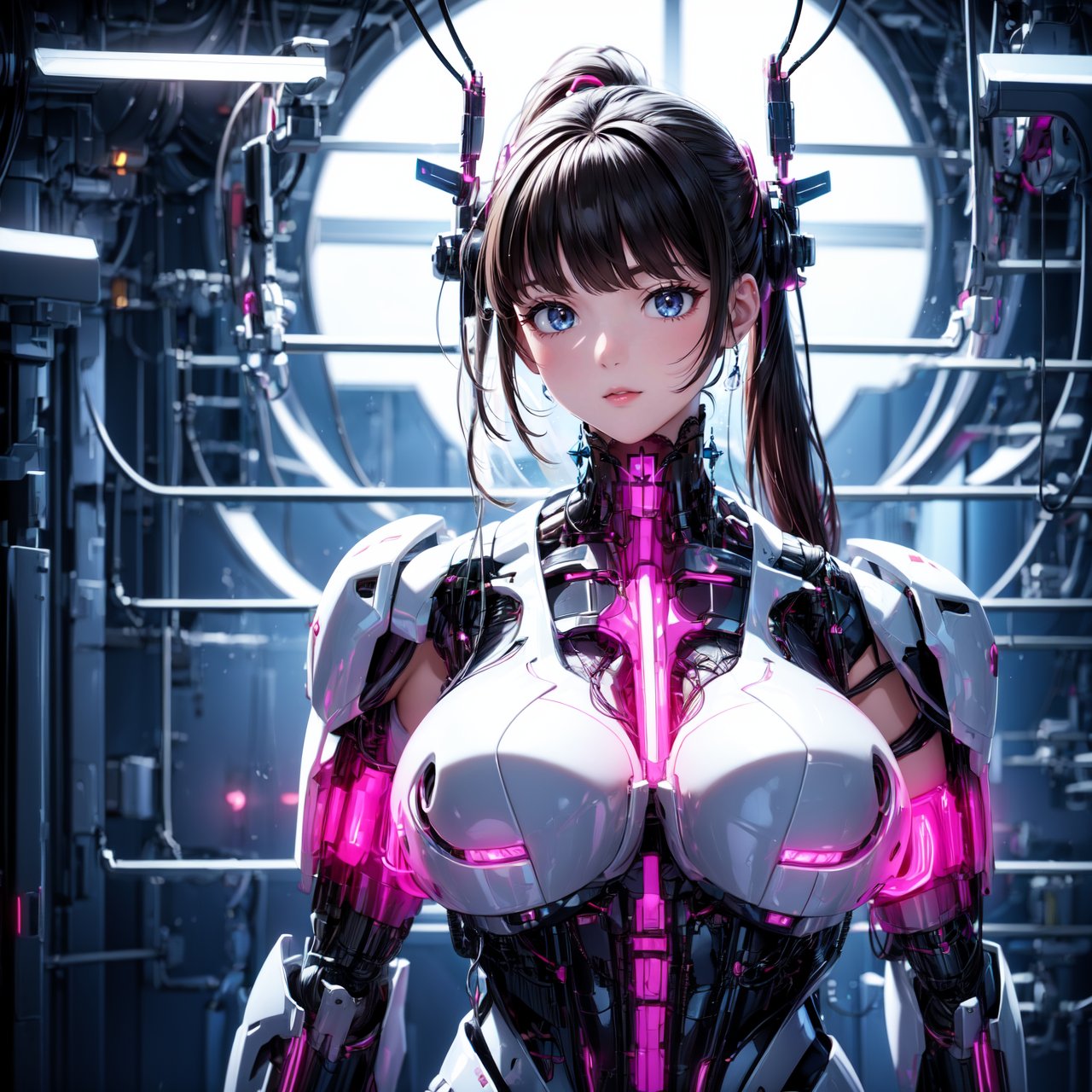 Accurate anatomy, accurate body structure, accurate breast structure, Bright color matching, high contrast,
full body, (upper body:1.2), 
1girl, solo, beautiful face, black_hair, Long ponytail,  (gigantic breast:1.2),  (wires), robotic body, robotics arms, robotic legs, robotic hands, armored, straight leg, mechanical, mecha, light particles, Pink Mecha, All-round fill light, 
kimono, laboratory,
CyberMechaGirl,Cyberpunk,CyberMechaGirl