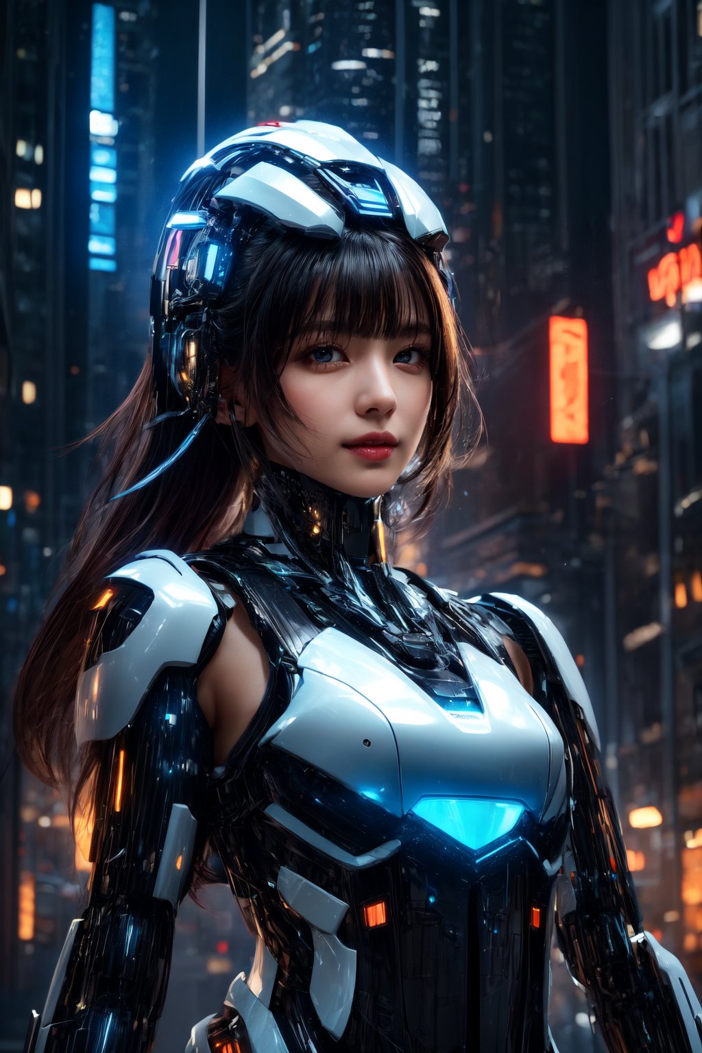 Masterpiece, High quality, 64K, Unity 64K Wallpaper, HDR, Best Quality, RAW, Super Fine Photography, Super High Resolution, Super Detailed, 
Beautiful and Aesthetic, Stunningly beautiful, Perfect proportions, 
1girl, Solo, White skin, Detailed skin, Realistic skin details, 
Futuristic Mecha, Arms Mecha, Dynamic pose, Battle stance, Swaying hair, by FuturEvoLab, 
Dark City Night, Cyberpunk city, Cyberpunk architecture, Future architecture, Fine architecture, Accurate architectural structure, Detailed complex busy background, Gorgeous, 
Sharp focus, Perfect facial features, Pure and pretty, Perfect eyes, Lively eyes, Elegant face, Delicate face, Exquisite face, Matrix,