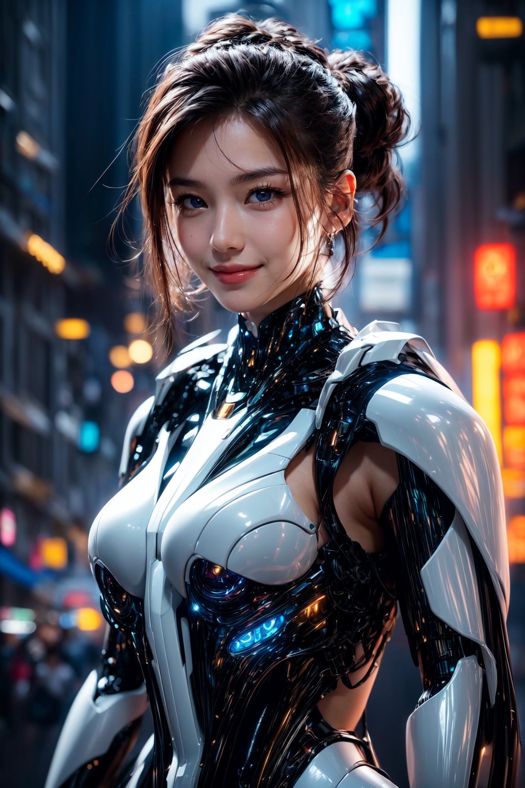 masterpiece, high quality, 64K, HDR, Unity 64K Wallpaper, Best Quality, RAW, Super Fine Photography, Super High Resolution, Super Detailed, Beautiful and Aesthetic,
1girl, solo, elegant face, detailed face, white skin, cute, Pure and pretty, Perfect facial features, perfect eyes, detailed skin, realistic skin details, visible pores, sharp focus, perfect proportions, stunningly beautiful, dynamic pose, delicate face, lively eyes, Exquisite face, Battle stance, swaying hair, 
futuristic Mecha, Arms Mecha, Hands Mecha, 
Dark City night, Fine architecture, accurate architectural structure, Cyberpunk city, Cyberpunk architecture, future architecture,
gorgeous, detailed complex busy background, Body Parts,