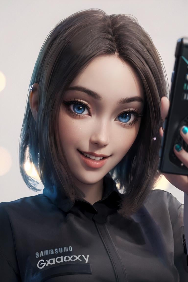 <lora:MEME_samsung_sam_ownwaifu-15:1> meme_samsung_sam_ownwaifu, www.ownwaifu.com, blue eyes, brown hair, shirt, short hair, mole, black shirt, blue nails, pants, freckles, lips, phone, cellphone, denim, upper body, holding phone, smartphone, smile, official art,extremely detailed CG unity 8k wallpaper, perfect lighting,Colorful, Bright_Front_face_Lighting,shiny skin, (masterpiece:1.0),(best_quality:1.0), ultra high res,4K,ultra-detailed, photography, 8K, HDR, highres, (absurdres:1.2), Kodak portra 400, film grain, blurry background, (bokeh:1.2), lens flare, (vibrant_color:1.2),professional photograph, (beautiful_face:1.5),