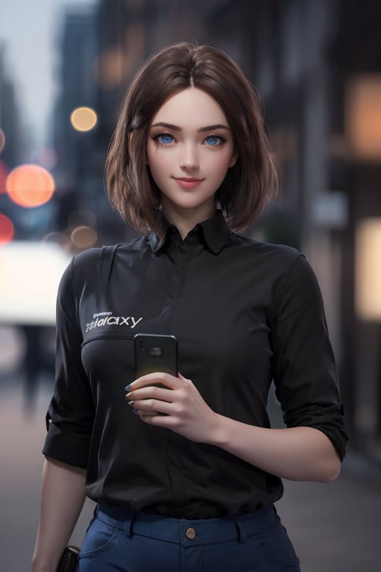  meme_samsung_sam_ownwaifu, www.ownwaifu.com, blue eyes, brown hair, shirt, short hair, mole, black shirt, blue nails, pants, freckles, lips, phone, cellphone, denim, upper body, holding phone, smartphone, smile, official art,extremely detailed CG unity 8k wallpaper, perfect lighting,Colorful, Bright_Front_face_Lighting,shiny skin, (masterpiece:1.0),(best_quality:1.0), ultra high res,4K,ultra-detailed, photography, 8K, HDR, highres, (absurdres:1.2), Kodak portra 400, film grain, blurry background, (bokeh:1.2), lens flare, (vibrant_color:1.2),professional photograph, (beautiful_face:1.5),
