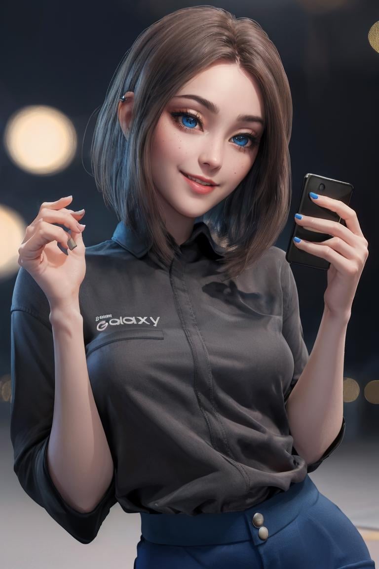 <lora:MEME_samsung_sam_ownwaifu-15:0.8> meme_samsung_sam_ownwaifu, www.ownwaifu.com, blue eyes, brown hair, shirt, short hair, mole, black shirt, blue nails, pants, freckles, lips, phone, cellphone, denim, upper body, holding phone, smartphone, smile, samsung, samsung sam,, official art,extremely detailed CG unity 8k wallpaper, perfect lighting,Colorful, Bright_Front_face_Lighting,shiny skin, (masterpiece:1.0),(best_quality:1.0), ultra high res,4K,ultra-detailed, photography, 8K, HDR, highres, (absurdres:1.2), Kodak portra 400, film grain, blurry background, (bokeh:1.2), lens flare, (vibrant_color:1.2),professional photograph, (beautiful_face:1.5),
