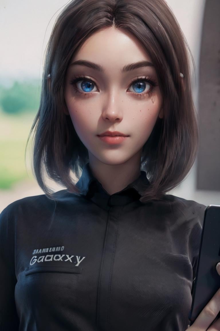 <lora:MEME_samsung_sam_ownwaifu-15:1> meme_samsung_sam_ownwaifu, www.ownwaifu.com, blue eyes, brown hair, shirt, short hair, mole, black shirt, blue nails, pants, freckles, lips, phone, cellphone, denim, official art,extremely detailed CG unity 8k wallpaper, perfect lighting,Colorful, Bright_Front_face_Lighting,shiny skin, (masterpiece:1.0),(best_quality:1.0), ultra high res,4K,ultra-detailed, photography, 8K, HDR, highres, (absurdres:1.2), Kodak portra 400, film grain, blurry background, (bokeh:1.2), lens flare, (vibrant_color:1.2),professional photograph, (beautiful_face:1.5),