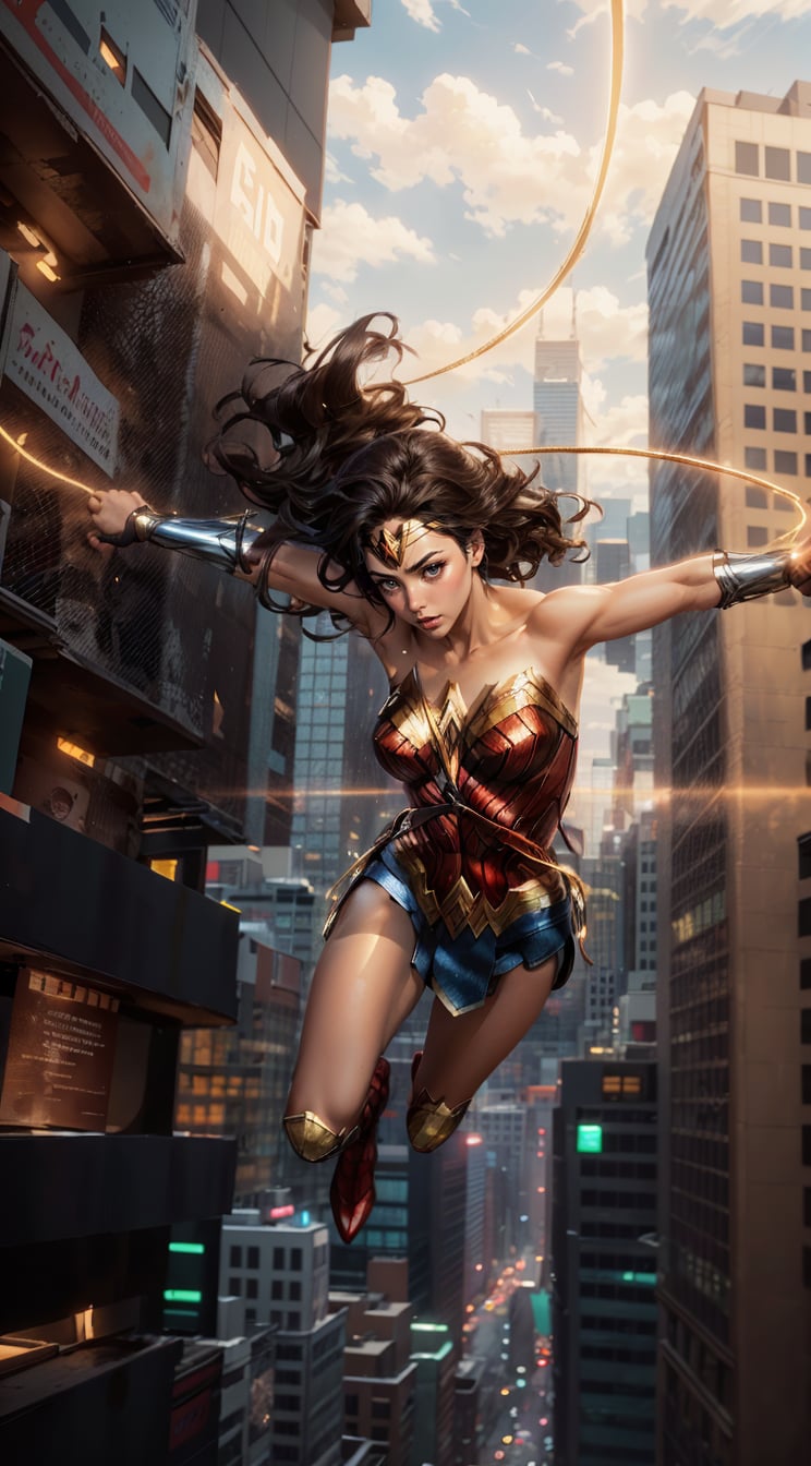 Generate a rough oil painting of Wonder Woman gracefully swinging through the gaps between skyscrapers (at night), using her Lasso of Truth as if she were Spider-Man. The golden glow emanating from the Lasso of Truth illuminates the scene like fluorescent lights. Capture her in a dynamic and stylish pose, reminiscent of Frank Miller's Sin City style. (field of depths,boheh backdrop),leonardo,wonder_woman