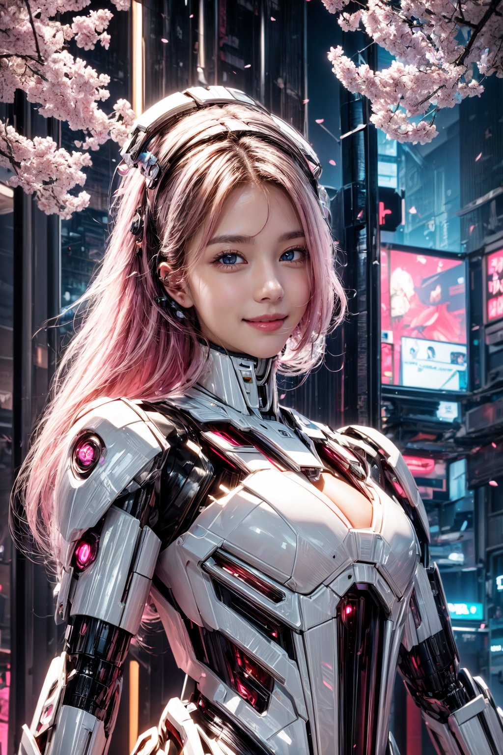 Masterpiece, High quality, 64K, Unity 64K Wallpaper, HDR, Best Quality, RAW, Super Fine Photography, Super High Resolution, Super Detailed, 
Beautiful and Aesthetic, Stunningly beautiful, Perfect proportions, 
1girl, Solo, White skin, Detailed skin, Realistic skin details, 
Futuristic Mecha, Arms Mecha, Dynamic pose, Battle stance, Swaying hair, by FuturEvoLab, 
Dark City Night, Cyberpunk city, Cyberpunk architecture, Future architecture, Fine architecture, Accurate architectural structure, Detailed complex busy background, Gorgeous, Cherry blossoms,
Sharp focus, Perfect facial features, Pure and pretty, Perfect eyes, Lively eyes, Elegant face, Delicate face, Exquisite face, Pink Mecha, 