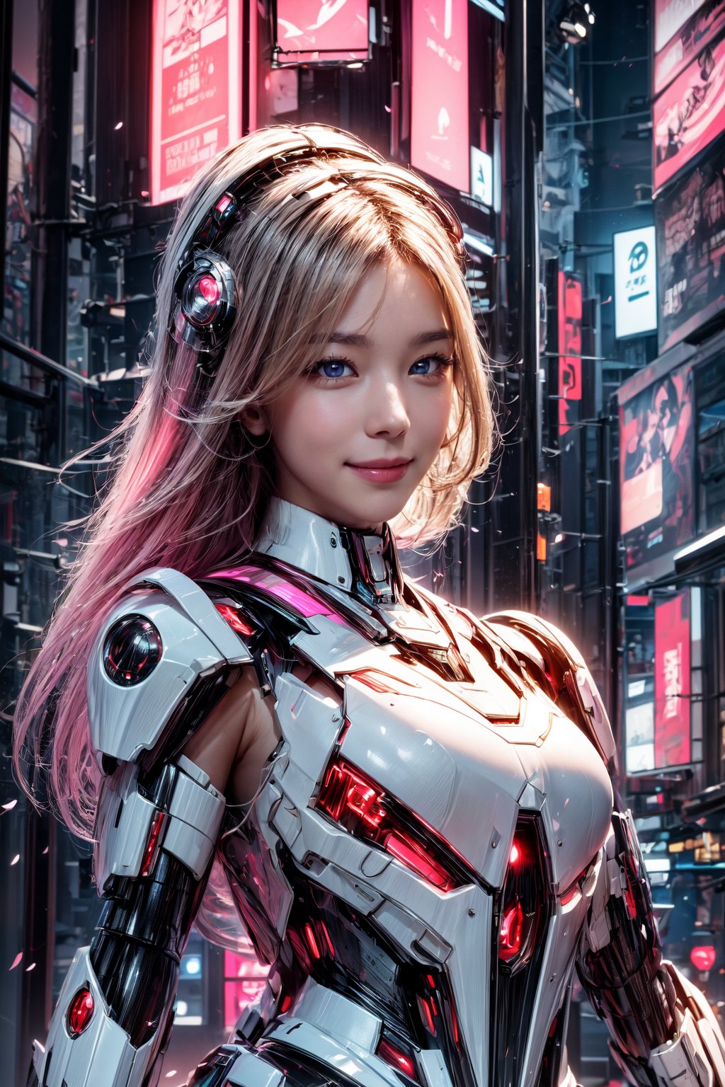 Masterpiece, High quality, 64K, Unity 64K Wallpaper, HDR, Best Quality, RAW, Super Fine Photography, Super High Resolution, Super Detailed, 
Beautiful and Aesthetic, Stunningly beautiful, Perfect proportions, 
1girl, Solo, White skin, Detailed skin, Realistic skin details, 
Futuristic Mecha, Arms Mecha, Dynamic pose, Battle stance, Swaying hair, by FuturEvoLab, 
Dark City Night, Cyberpunk city, Cyberpunk architecture, Future architecture, Fine architecture, Accurate architectural structure, Detailed complex busy background, Gorgeous, Cherry blossoms,
Sharp focus, Perfect facial features, Pure and pretty, Perfect eyes, Lively eyes, Elegant face, Delicate face, Exquisite face, Pink Mecha, 