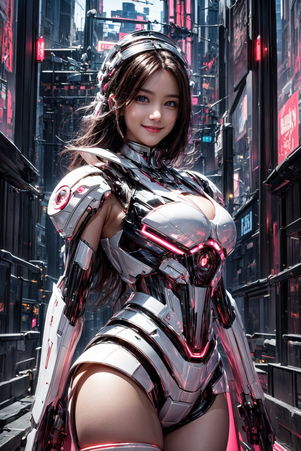 Masterpiece, High quality, 64K, Unity 64K Wallpaper, HDR, Best Quality, RAW, Super Fine Photography, Super High Resolution, Super Detailed, 
Beautiful and Aesthetic, Stunningly beautiful, Perfect proportions, 
1girl, Solo, White skin, Detailed skin, Realistic skin details, 
Futuristic Mecha, Arms Mecha, Dynamic pose, Battle stance, Swaying hair, by FuturEvoLab, 
Dark City Night, Cyberpunk city, Cyberpunk architecture, Future architecture, Fine architecture, Accurate architectural structure, Detailed complex busy background, Gorgeous, Cherry blossoms,
Sharp focus, Perfect facial features, Pure and pretty, Perfect eyes, Lively eyes, Elegant face, Delicate face, Exquisite face, Pink Mecha, 