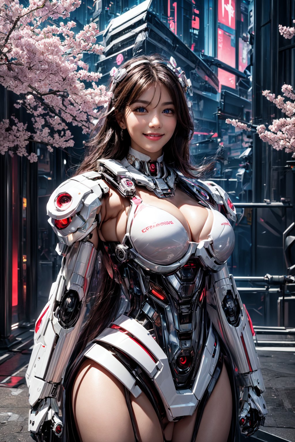 Masterpiece, High quality, 64K, Unity 64K Wallpaper, HDR, Best Quality, RAW, Super Fine Photography, Super High Resolution, Super Detailed, 
Beautiful and Aesthetic, Stunningly beautiful, Perfect proportions, 
1girl, Solo, White skin, Detailed skin, Realistic skin details, 
Futuristic Mecha, Arms Mecha, Dynamic pose, Battle stance, Swaying hair, by FuturEvoLab, 
Dark City Night, Cyberpunk city, Cyberpunk architecture, Future architecture, Fine architecture, Accurate architectural structure, Detailed complex busy background, Gorgeous, Cherry blossoms,
Sharp focus, Perfect facial features, Pure and pretty, Perfect eyes, Lively eyes, Elegant face, Delicate face, Exquisite face, Pink Mecha, 