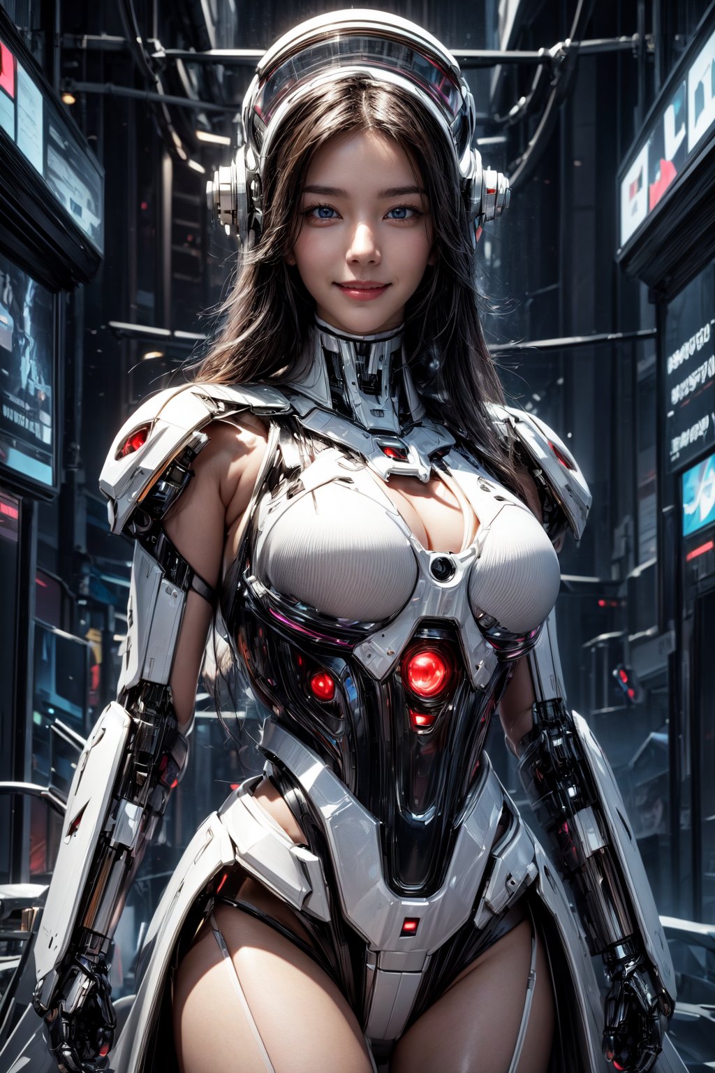 Masterpiece, High quality, 64K, Unity 64K Wallpaper, HDR, Best Quality, RAW, Super Fine Photography, Super High Resolution, Super Detailed, 
Beautiful and Aesthetic, Stunningly beautiful, Perfect proportions, 
1girl, Solo, White skin, Detailed skin, Realistic skin details, 
Futuristic Mecha, Arms Mecha, Dynamic pose, Battle stance, Swaying hair, by FuturEvoLab, 
Dark City Night, Cyberpunk city, Cyberpunk architecture, Future architecture, Fine architecture, Accurate architectural structure, Detailed complex busy background, Gorgeous, 
Sharp focus, Perfect facial features, Pure and pretty, Perfect eyes, Lively eyes, Elegant face, Delicate face, Exquisite face, Matrix,robotic body