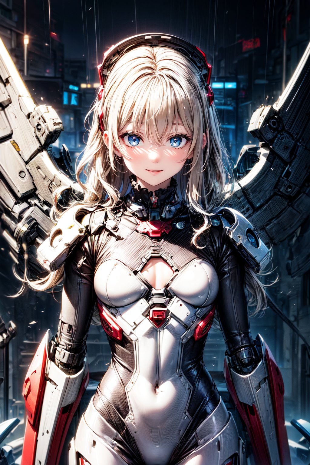 {{master piece}},best quality,illustration,1girl,small breast,beatiful detailed eyes,beatiful detailed cyberpunk city,flat_chest,beatiful detailed hair,wavy hair,beatiful detailed steet,mecha clothes,robot girl,cool movement,sliver bodysuit,{filigree},dargon wings,colorful background,a dragon  stands behind the girl,rainy days,{lightning effect},beatiful detailed sliver dragon arnour,（cold face）,Realism,,weapon,Portrait