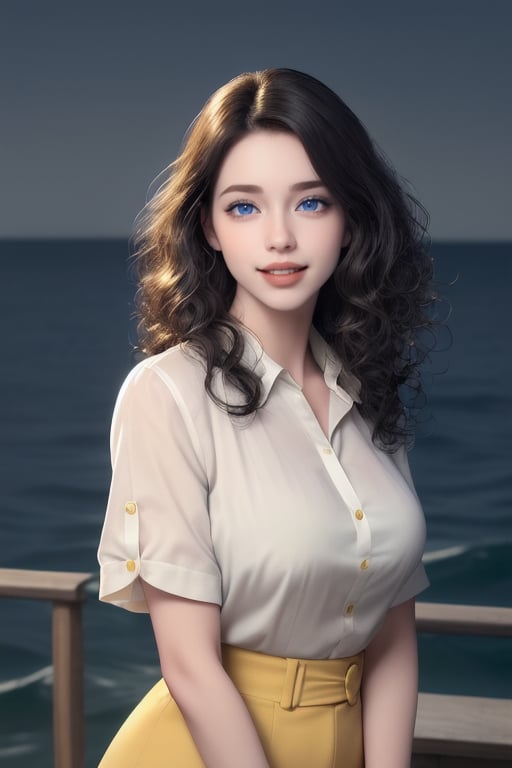 Raw photo, night background with a large full moon and sea waves, medium-sized mouth, thin lips, lips the same color as her skin, knowing smile, giving her a mysterious and enigmatic appearance. looking up to her right, round nose, light face, 1 young woman, 30 years old, (Best Quality: 1.4), jet black hair, very defined, very curly hair. large light green eyes, large almond eyes, expressive and detailed, she wears a white button-down blouse with yellow short sleeves.
8K resolution, high resolution, (photorealistic, high resolution: 1.4) 