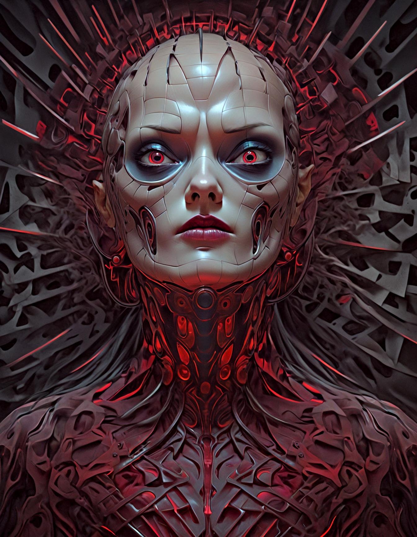 old portrait biomechanical Twisted geometric patterns, kaleidoscopic nightmares, shattered illusions, blood-red angles, haute couture in chaos, Escher-inspired Fashion Weekly, labyrinthine corridors bathed in ominous neon lights, focus on the face, macabre,(futuristic asian daemon:1.2),(gric style:1.15),hyperrealistic,