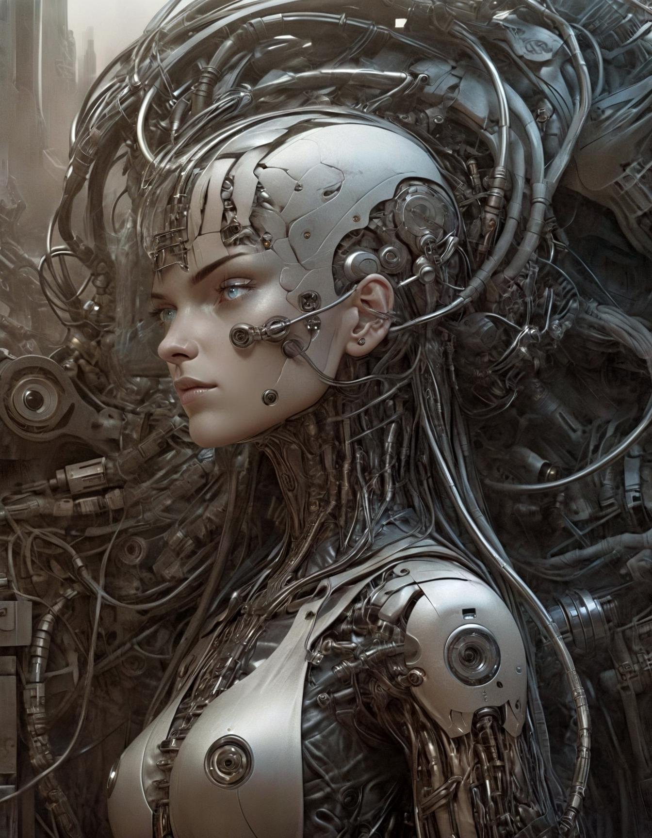 portrait Intertwined cyborgs, mechanical organisms, surreal machinery, dystopian landscapes, merging realities, futuristic architecture, vibrant circuits, artificial evolution.,(gric style:1.05), detailed, ,