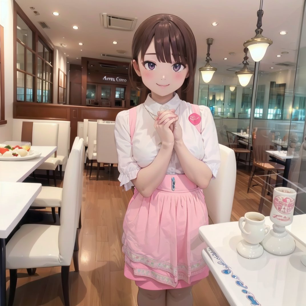 best quality, ultra-detailed, illustration,AMSC, solo, waitress, 1girl, brown hair, restaurant, smile, table, indoors, own hands together, jewelry, pink skirt, pink apron, pantyhose, chair,  <lora:AMSC_AnnaMillers_uniform_SD15_V3:1>