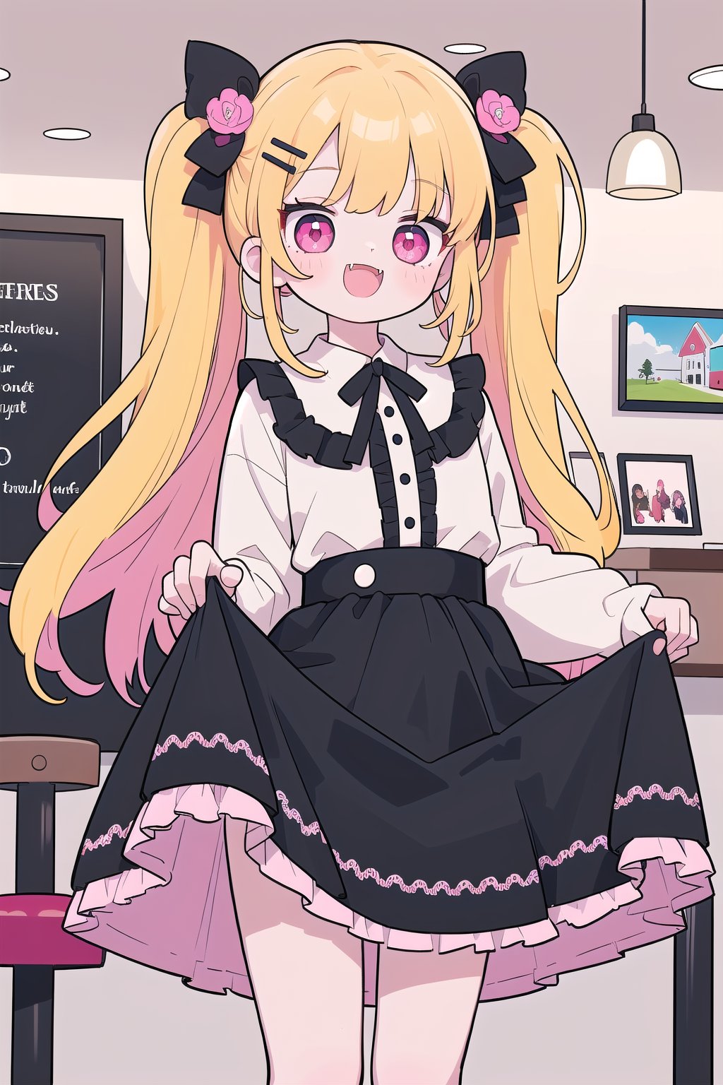 (masterpiece, best quality, highres:1.1), ultra resolution image, (1girl), (solo), yellow hair, pink eyes, cute, kawaii, in the stylish cafe, open mouth, fangs, clothes lift,