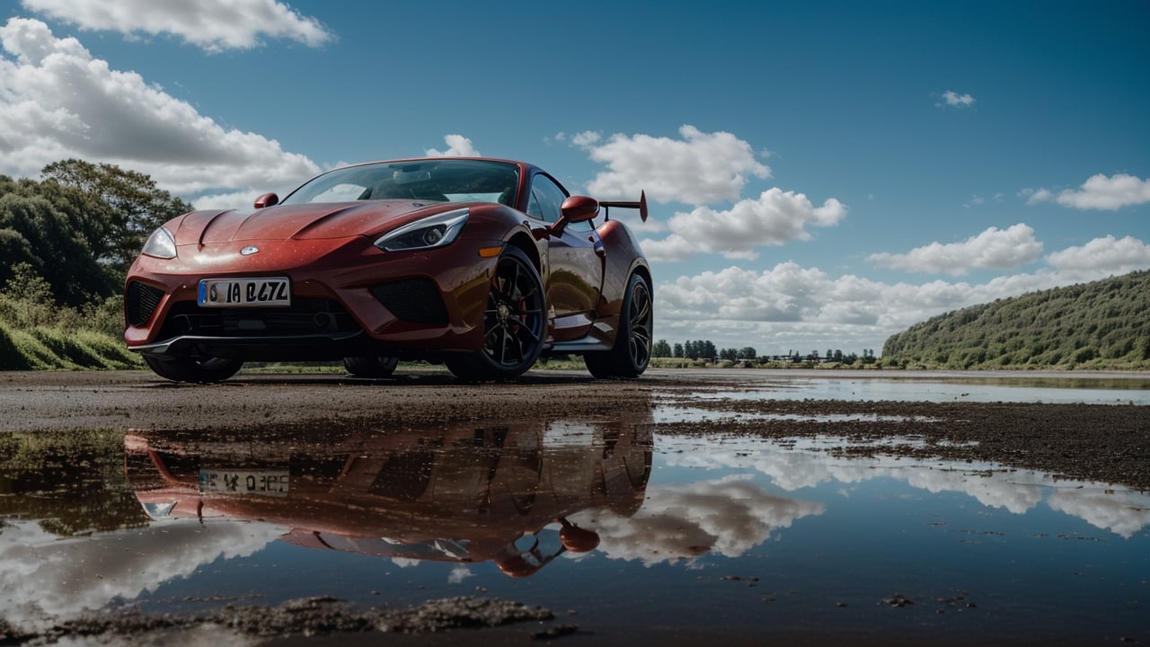 masterpiece,photo of landscape, sunny weather,(sports car,color {blue and red incandescent}), 8k,hdr, high quality, film grain,reflection masterpiece, vivid colours , weather ,puddles