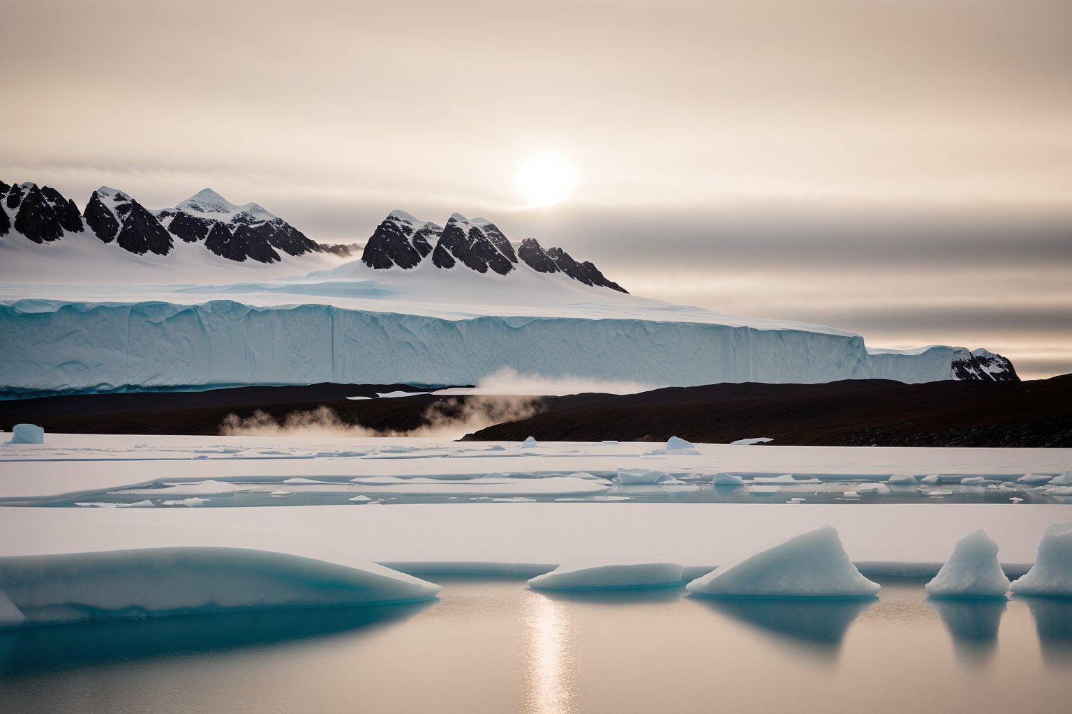 RAW photo, Antartica,Towering Icebergs,  Pod of Orca whales swimming by the edge of an ice field, emperor penguin colony, late morning mist giving away to bright sunrise, crimson skies, 50mm lens, apeture f/11,Hasselblad X2D 100C Medium Format Mirrorless Camera,