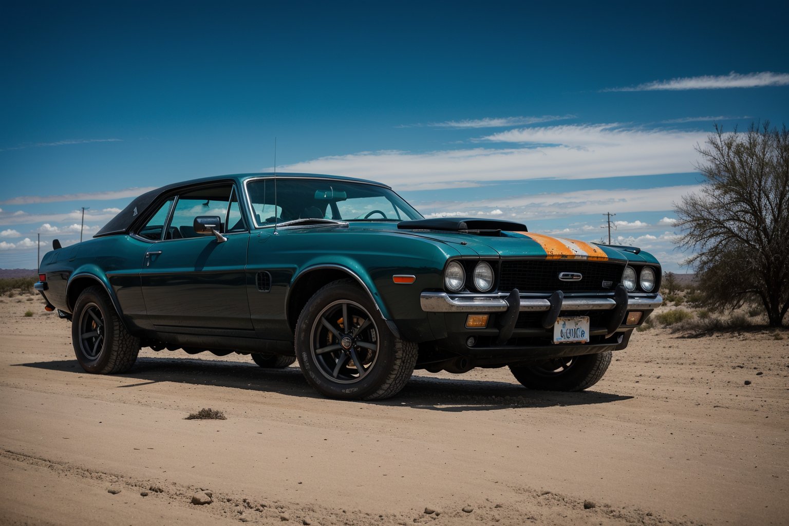 cinematic, filmic image 4k, 8k with [George Miller's Mad Max style]. The image should be captured in a [wide-angle view] and depict [single] a [post-apocalyptic] V8 [muscle car]. The car's paint is a [black] covered in a spots of [rust] and thin layer of smooth [dust] and [dirt], making it appear [rugged] and [gritty] but with visible [black color]The car's body should be [sleek] and [aerodynamic], giving it a [low] and [aggressive] stance that conveys [power] and [speed]. The front of the car should feature a [distinctive] front nose cone with [rectangular lights] that adds to its [intimidating] appearance. The car's wheels should be [large] and [sturdy], with [thick] tires that can handle the [rough] terrain of the [post-apocalyptic] wasteland. The rims should be made of [durable] metal with a [unique design] that showcases the car's [individuality].In addition, the car should have [eight exhaust side pipes]. The car should also feature a Weiand 6-71 [supercharger] mounted on the hood, protruding through the bonnet.Car should be designed to look both [powerful] and [functional], built to withstand the [harsh] conditions of the [post-apocalyptic] wasteland.The image should be [ultra-realistic], with [high-resolution] captured in [natural light]. The lighting should create [soft shadows] and showcase the [raw] and [vibrant colors] of the car. The image should be a highly-detailed photography set in a [post-nuclear], [fallout] like setting, conveying a sense of [danger] and [grittiness]. The final image should be a [masterpiece], with a [realistic portrayal] of the Interceptor that is both [intimidating] and [awe-inspiring]. Background should contain [empty desert highway], image takes place before the storm, with the [hot summer sun] still shining brightly in the sky, but in the distance, the sky is a [dark and foreboding shade of blue], hinting at an impending storm